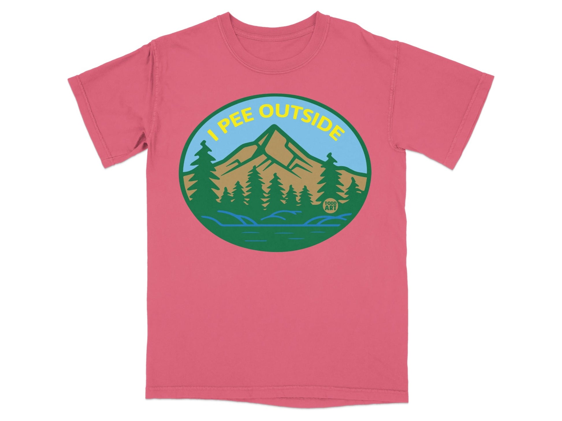 T-shirt with circular graphic of mountains, trees, and a lake with text "I PEE OUTSIDE".