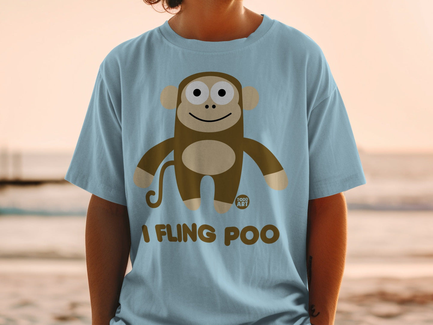 Light blue t-shirt with cartoon monkey saying "I FLING POO".