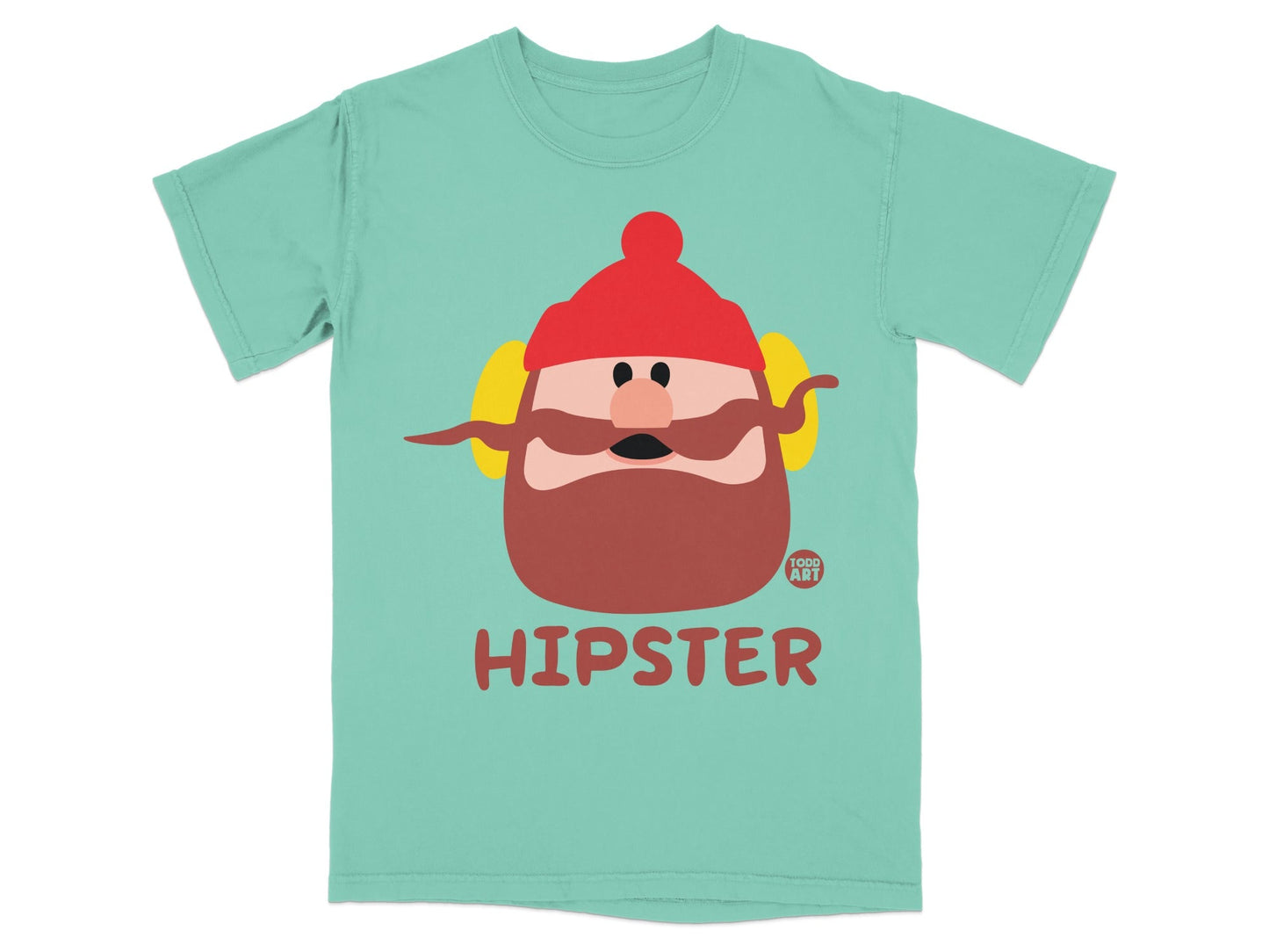 T-shirt featuring a cartoon hipster man with red hat and yellow headphones.