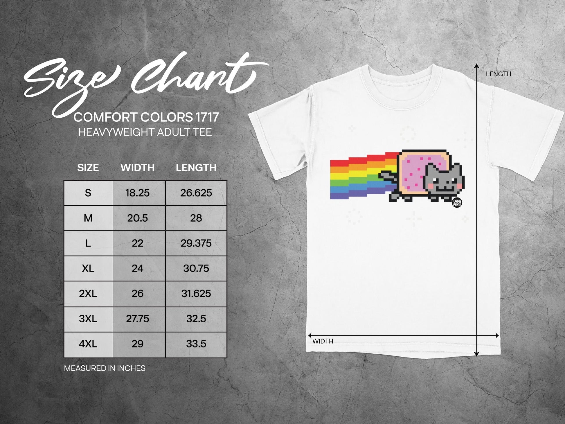 Size chart for Comfort Colors 1717 heavyweight adult tee, measured in inches.