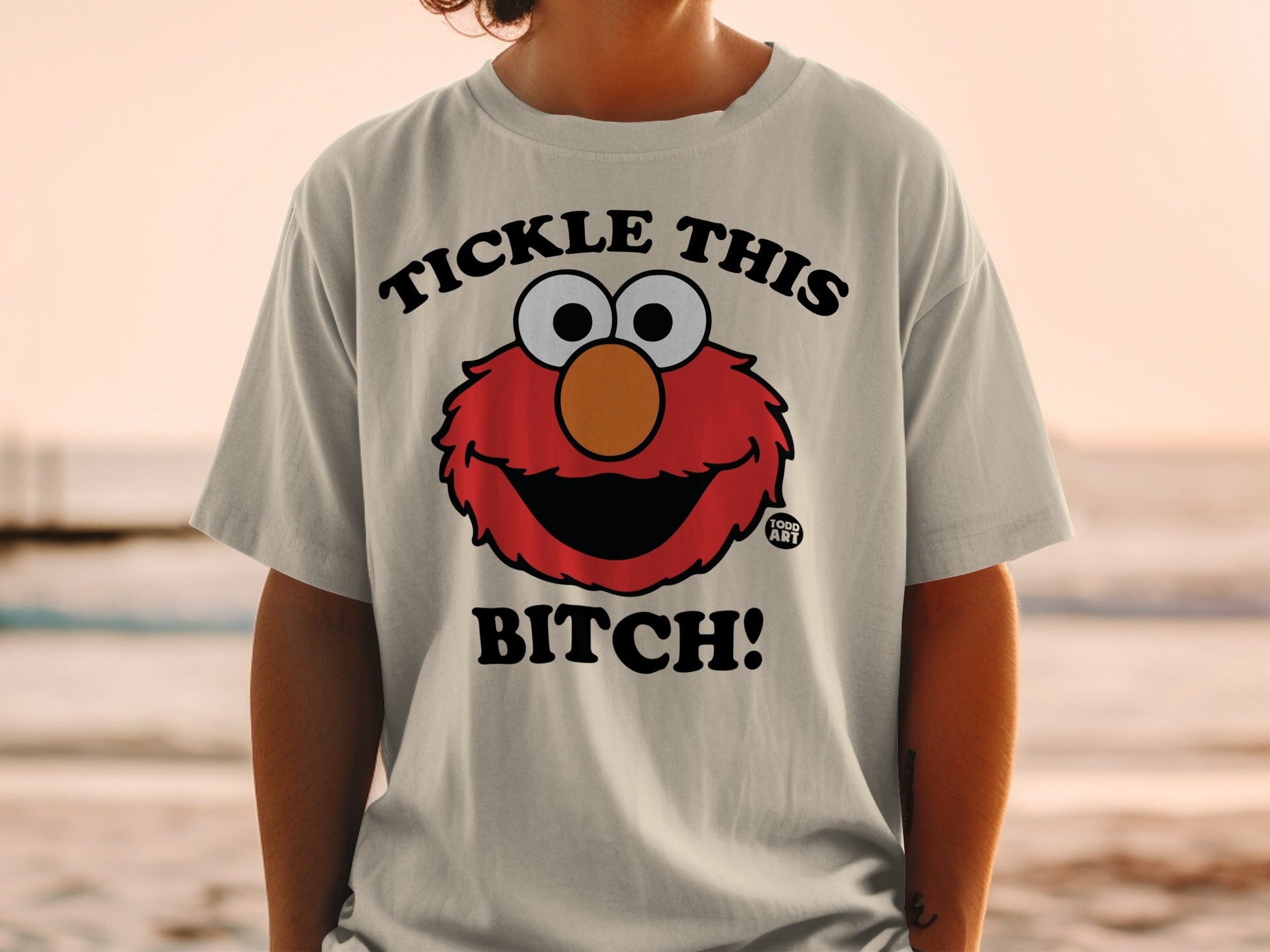 T-shirt with Elmo character saying "Tickle This Bitch!".