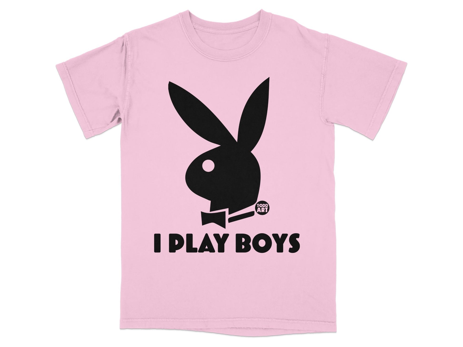 Pink t-shirt with black Playboy bunny logo and "I PLAY BOYS" text.