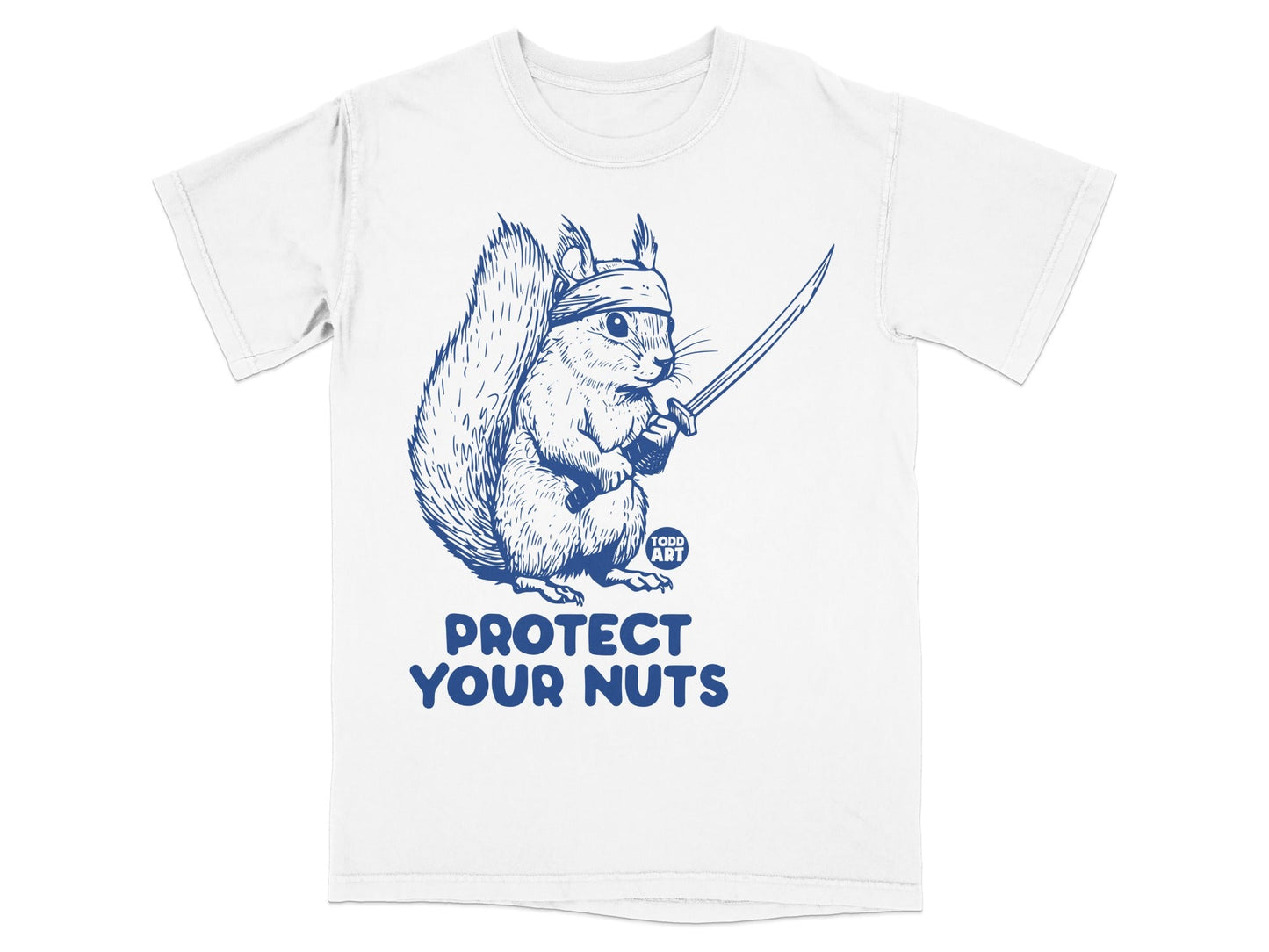 Squirrel in bandana holding sword with text "Protect Your Nuts".