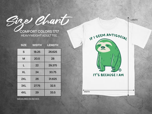 Size chart with measurements for Comfort Colors 1717 heavyweight adult tee.