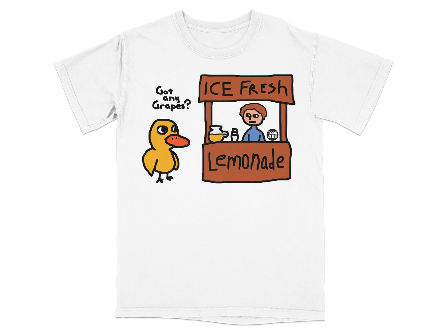 Yellow duck asks for grapes at an ice-cold lemonade stand.