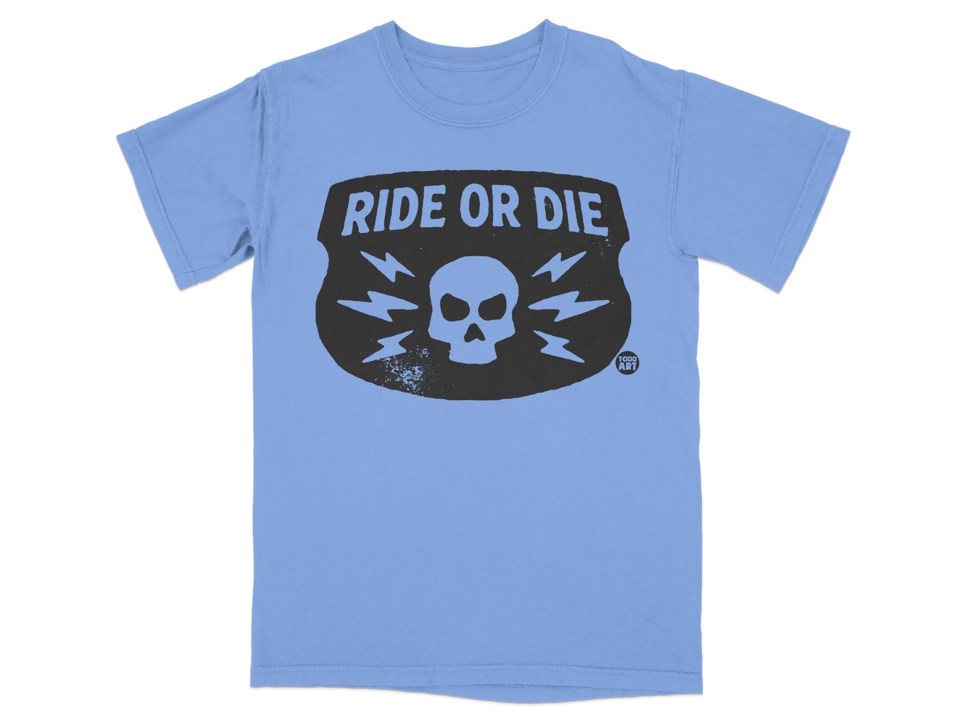 Light blue t-shirt with black "RIDE OR DIE" shield logo and skull.