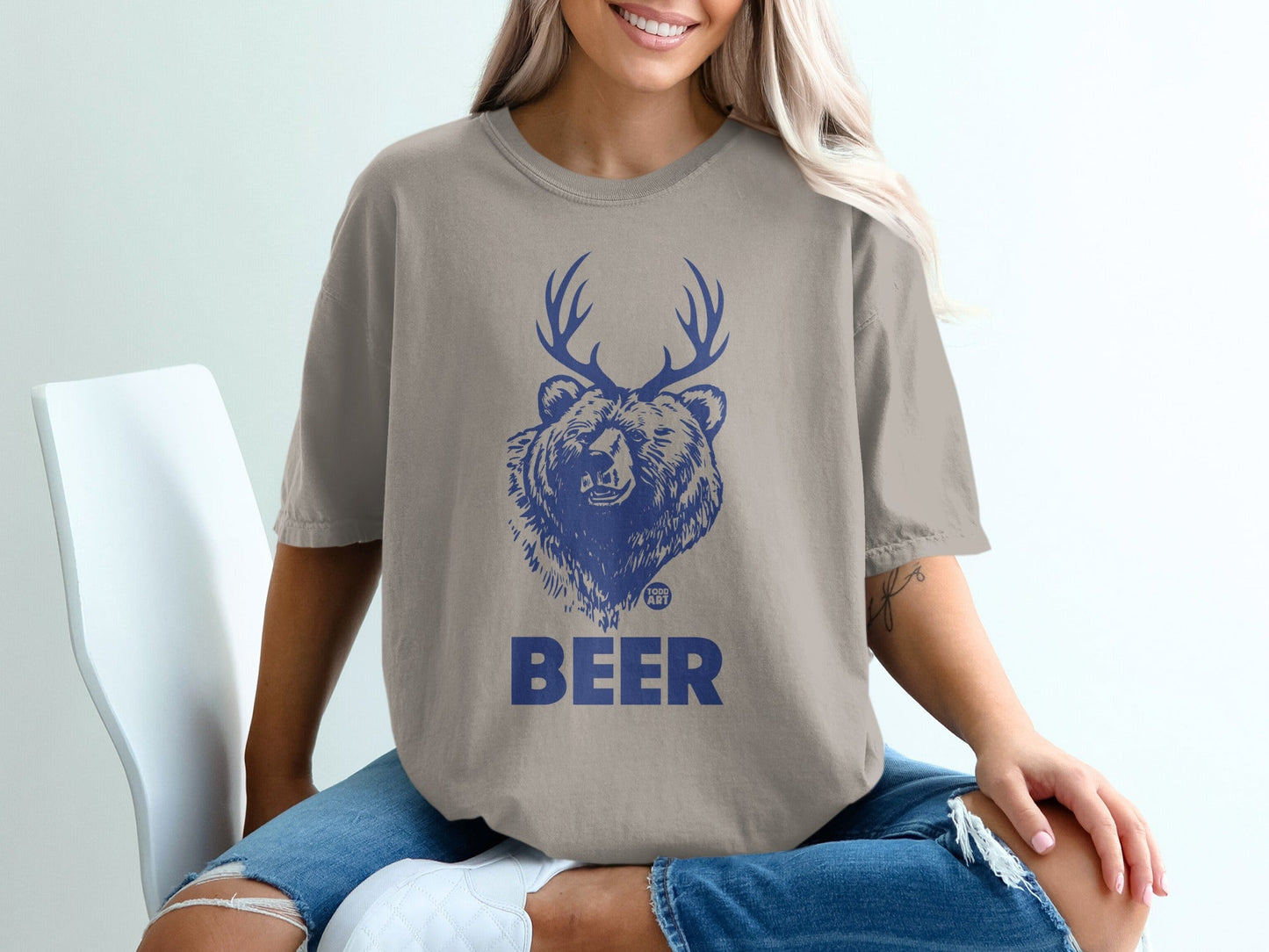 Bear with Antlers Graphic BEER Text Shirt