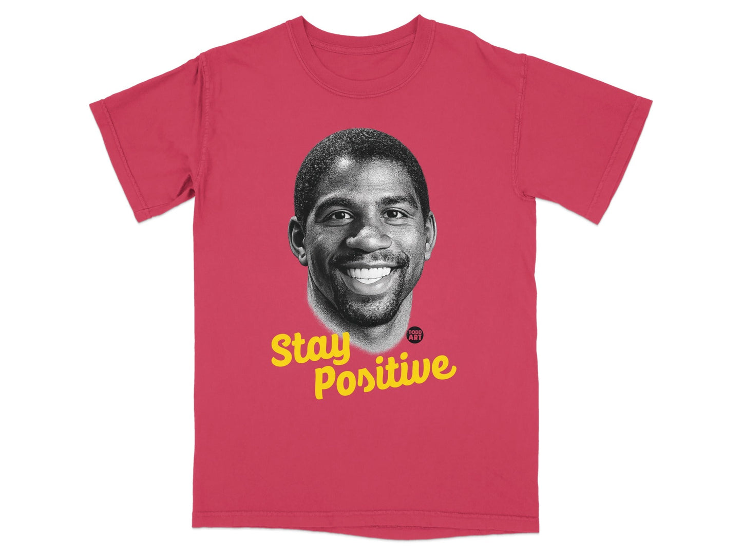 Red t-shirt with Magic Johnson's portrait and "Stay Positive" text.