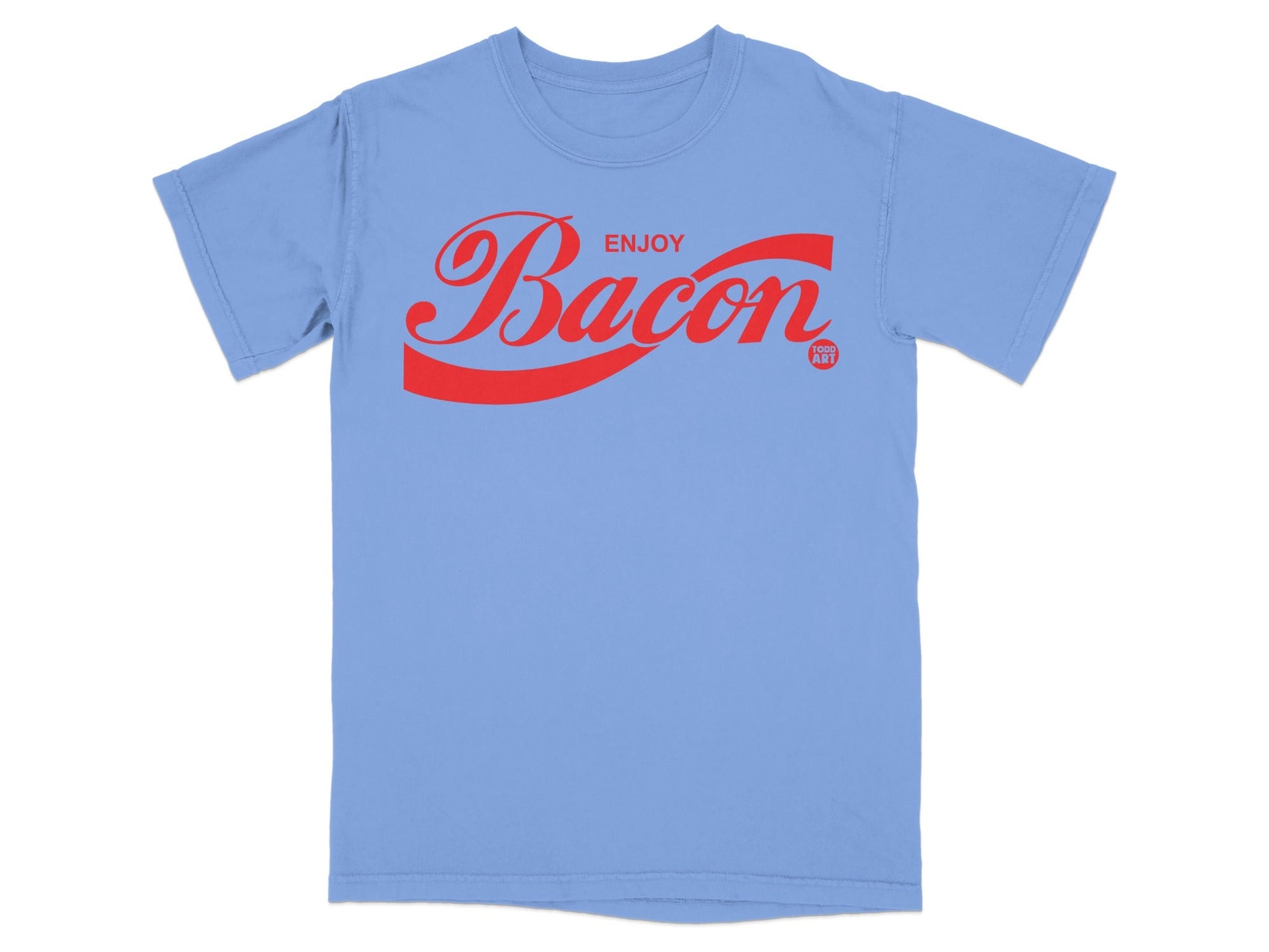 Enjoy Bacon Red Text on Blue T-Shirt Product