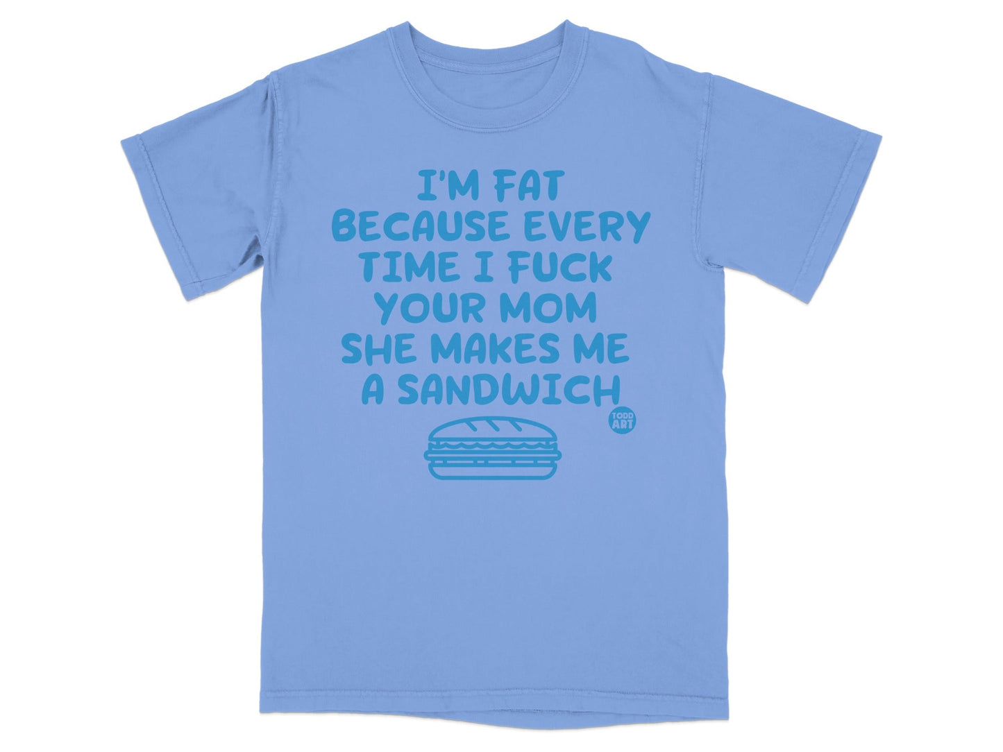 Light blue t-shirt with a sandwich and vulgar text about being fat.