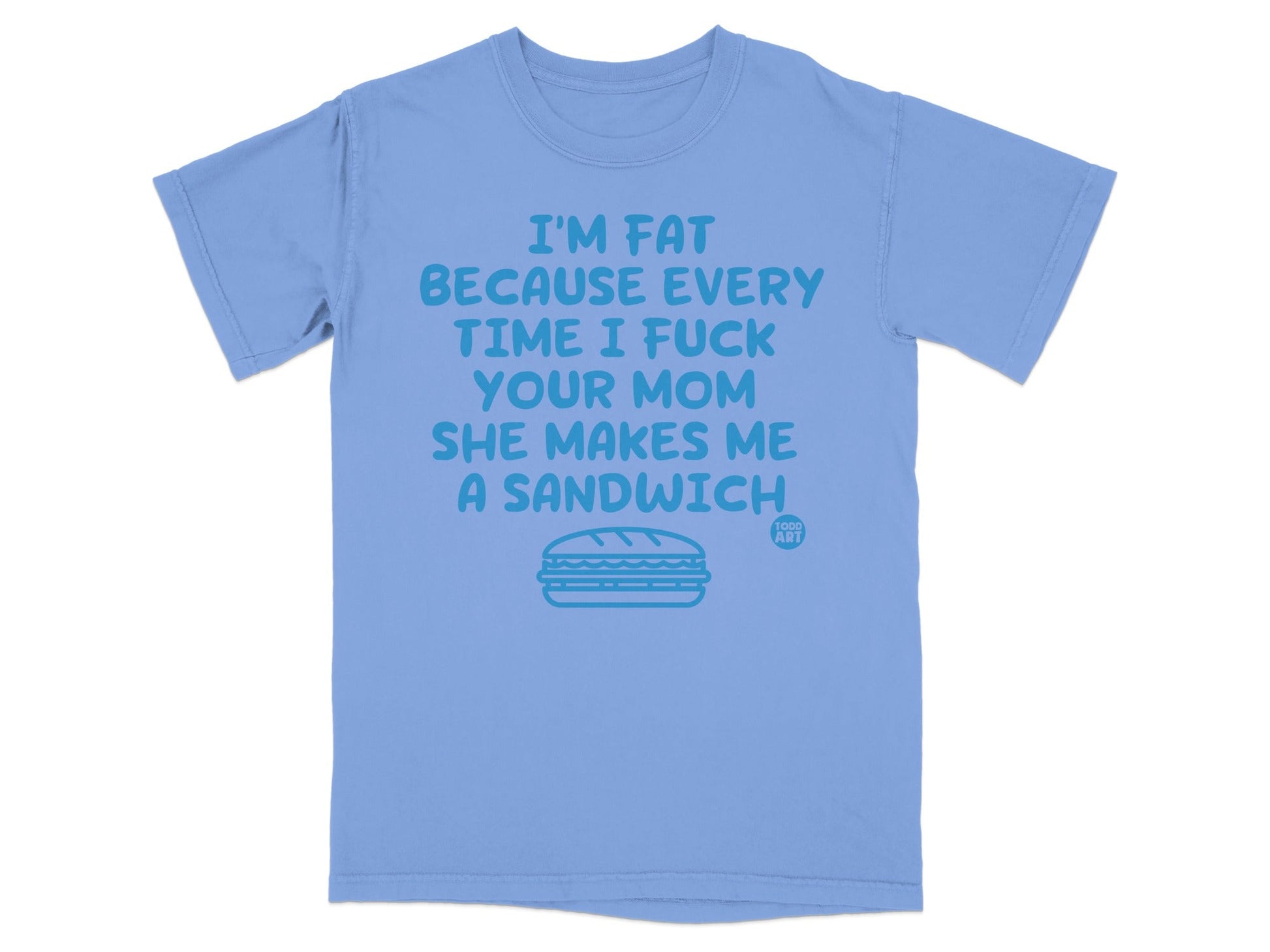 Light blue t-shirt with a sandwich and vulgar text about being fat.