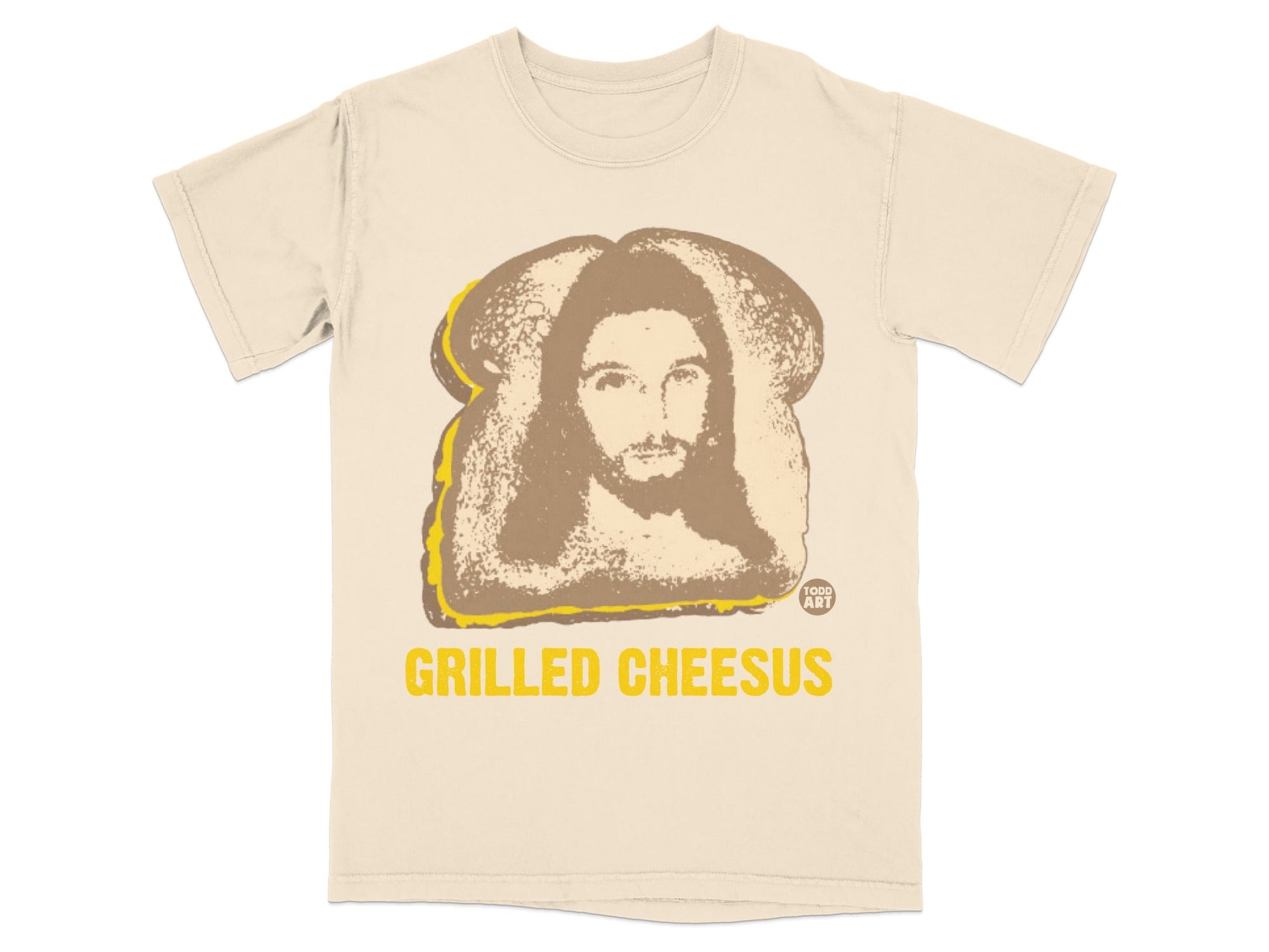 T-shirt with grilled cheese sandwich graphic featuring a portrait and "Grilled Cheesus" text.