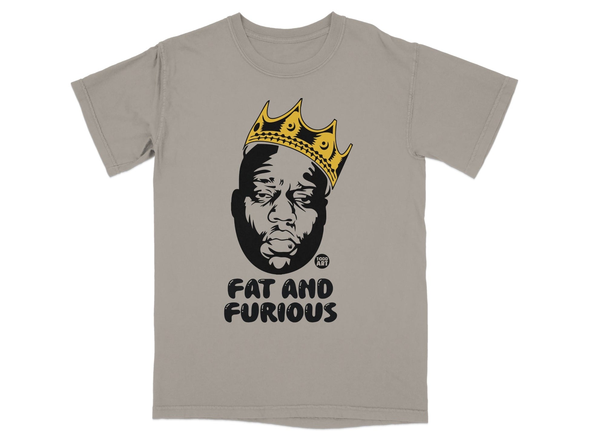 T-shirt with "Fat and Furious" text and Notorious B.I.G. portrait.