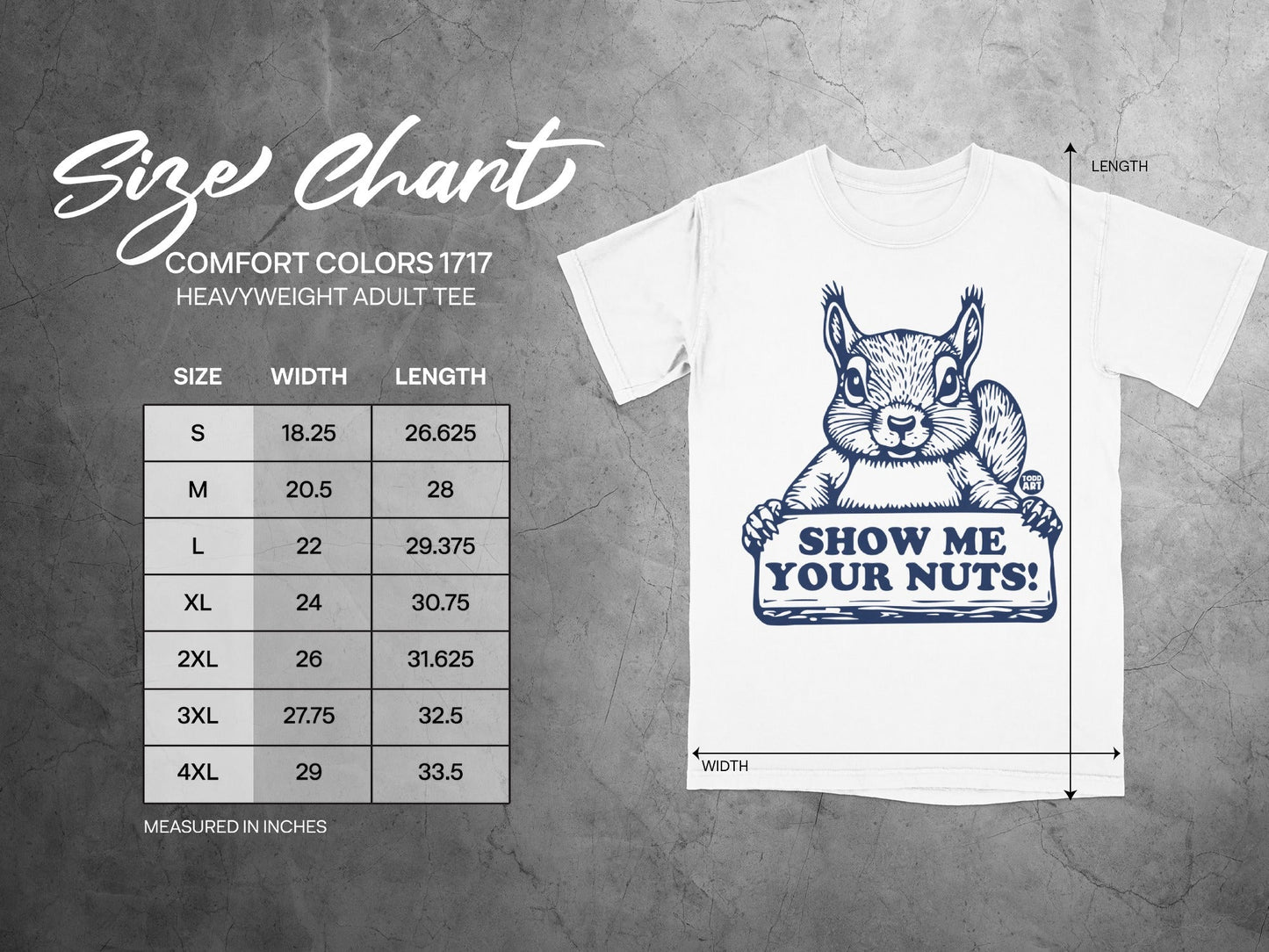Size chart for Comfort Colors 1717 heavyweight adult tee with squirrel graphic.