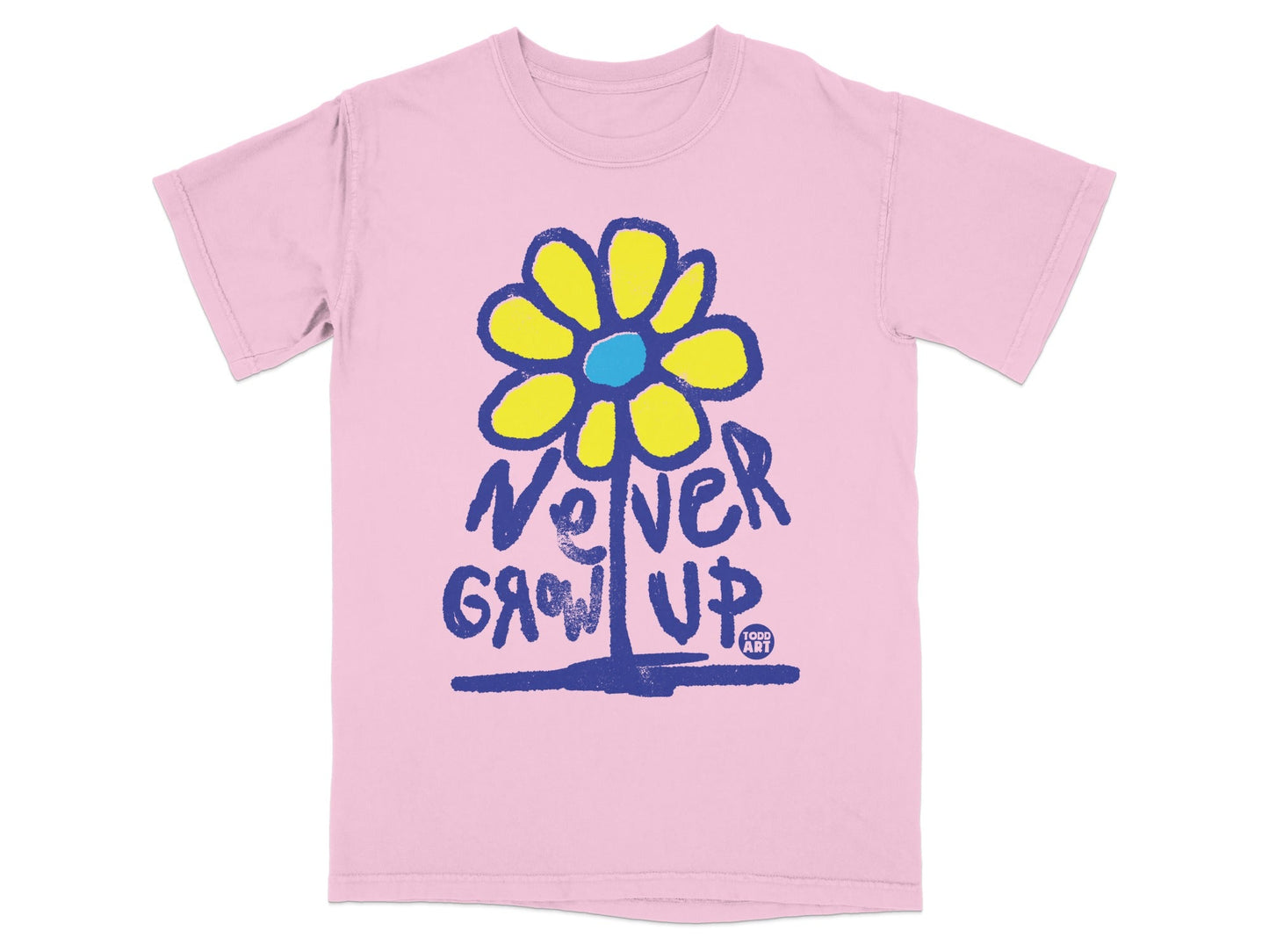Pink t-shirt with blue "Never Grow Up" text and a yellow and blue flower.