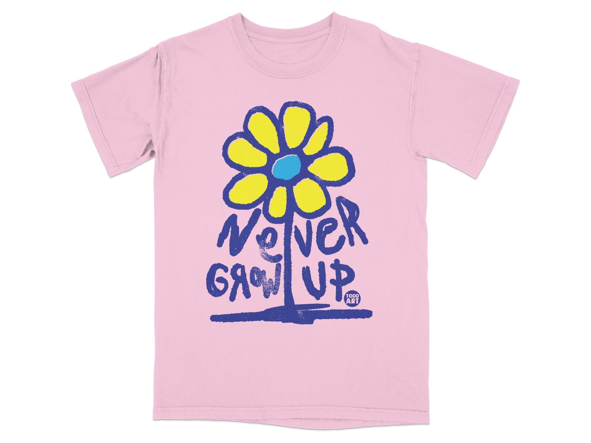 Pink t-shirt with blue "Never Grow Up" text and a yellow and blue flower.