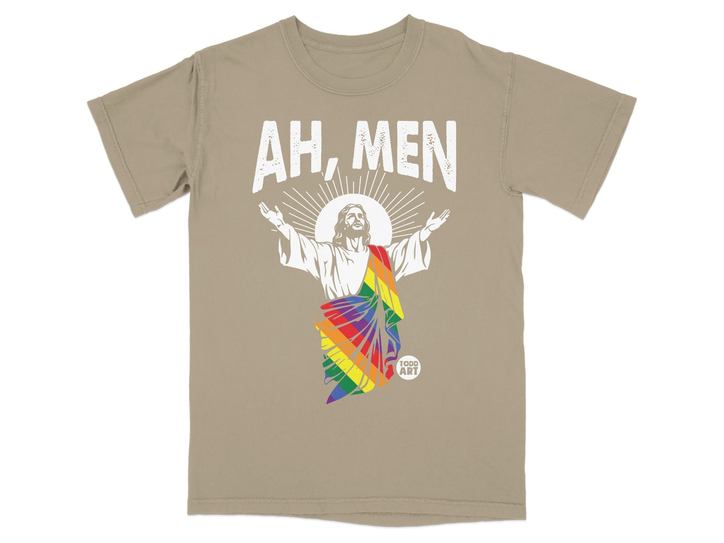Tan t-shirt with "AH, MEN" and Jesus wearing a rainbow flag.