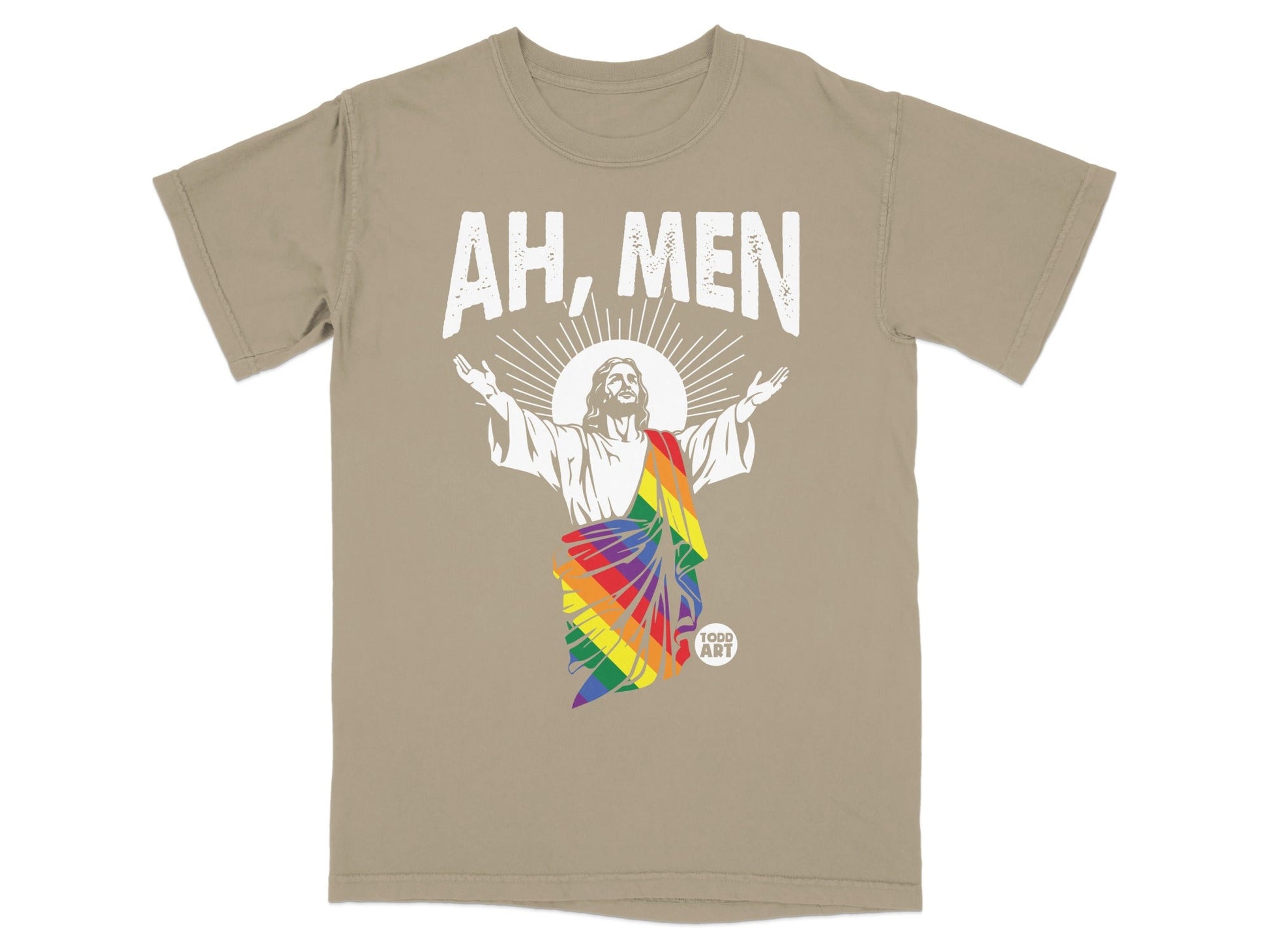 Tan t-shirt with "AH, MEN" and Jesus wearing a rainbow flag.