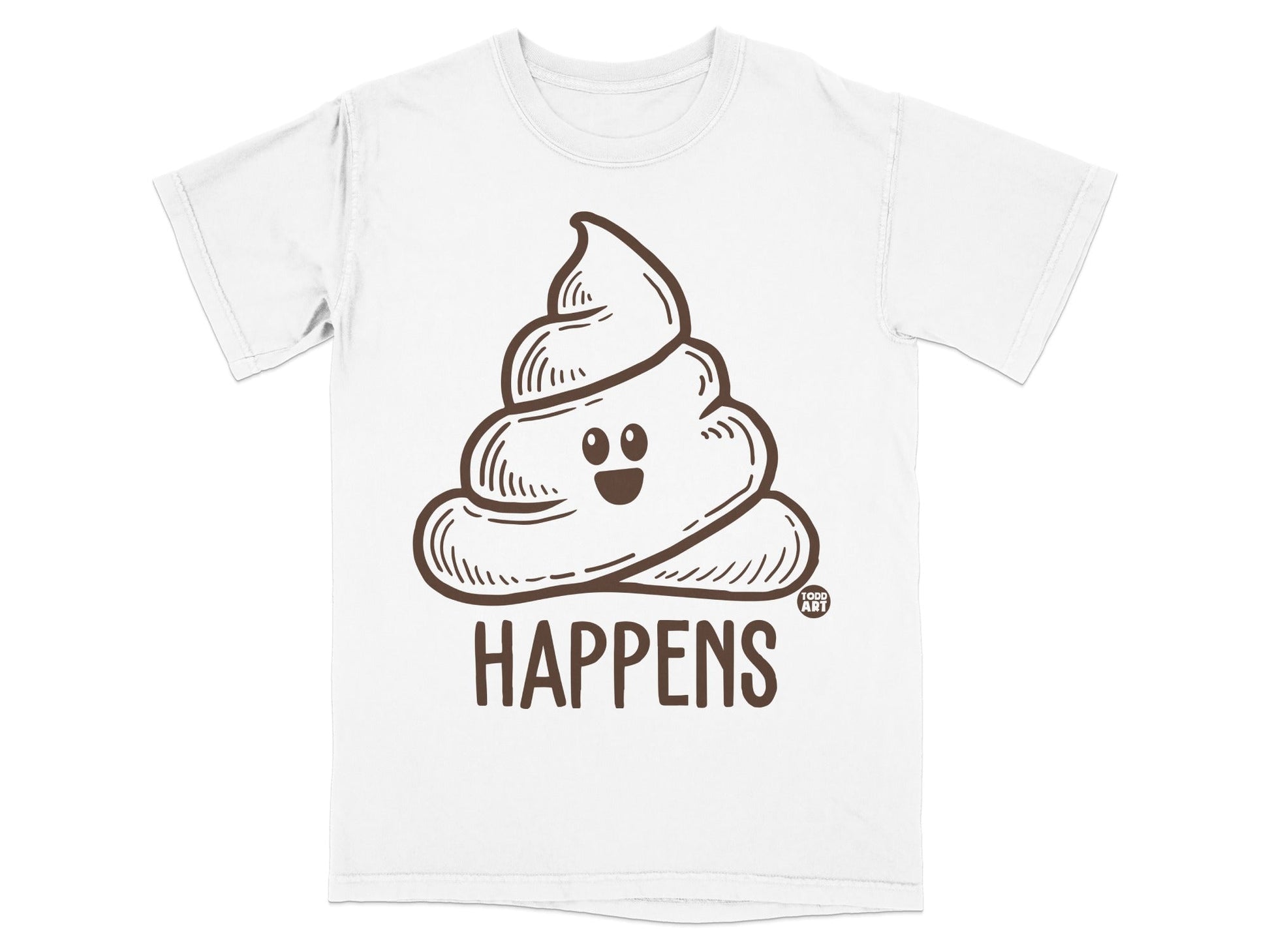 White t-shirt with a brown cartoon poop emoji saying "HAPPENS".