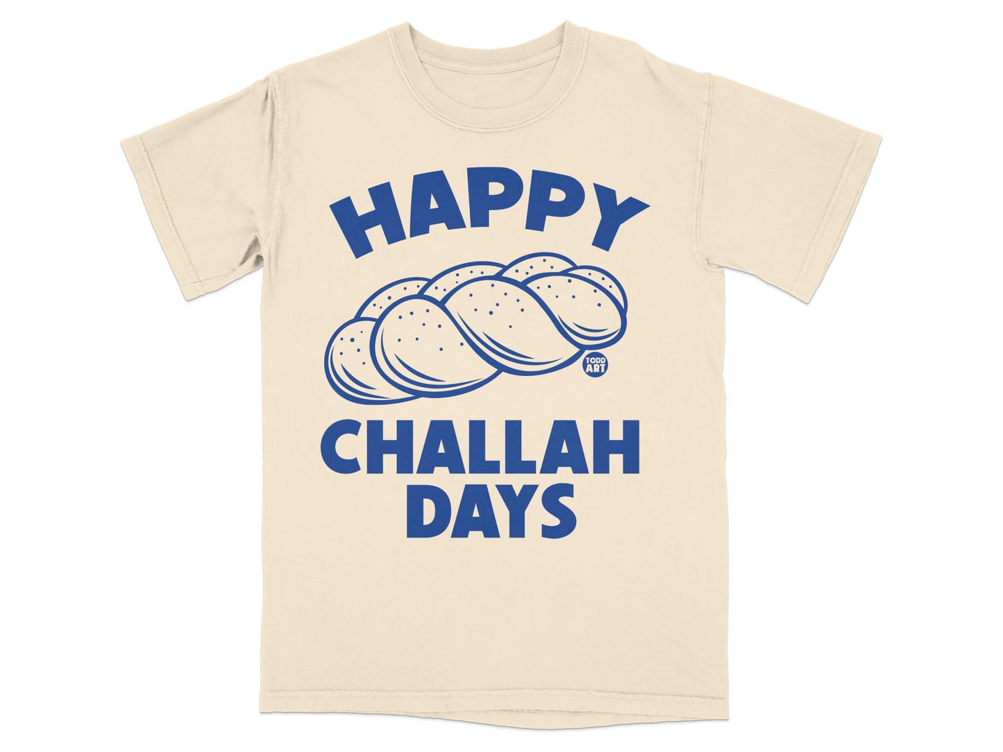 Challah Days text and braided challah bread graphic on a cream t-shirt.