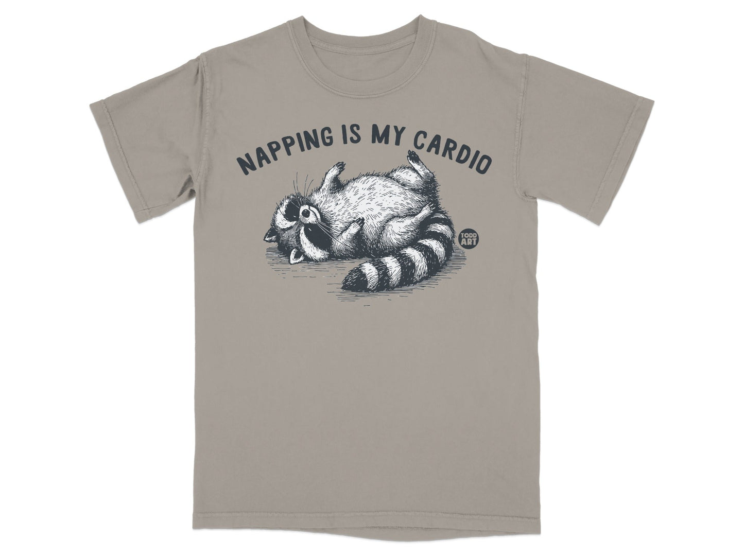 T-shirt with raccoon saying "Napping is my cardio" and "Honest Art" logo.