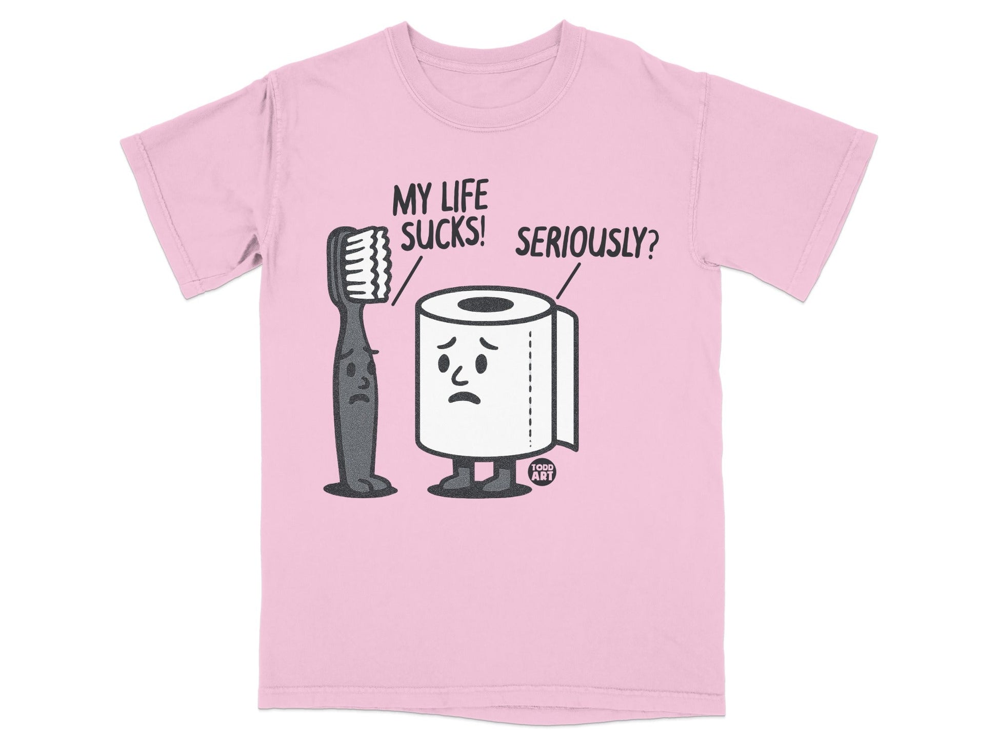 Pink t-shirt with cartoon toothbrush and toilet paper characters.