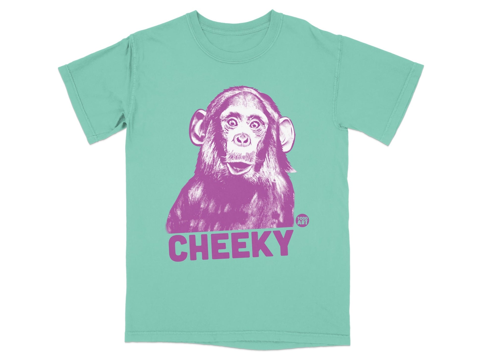 Teal t-shirt with a large pink illustration of a chimpanzee and the word "CHEEKY".