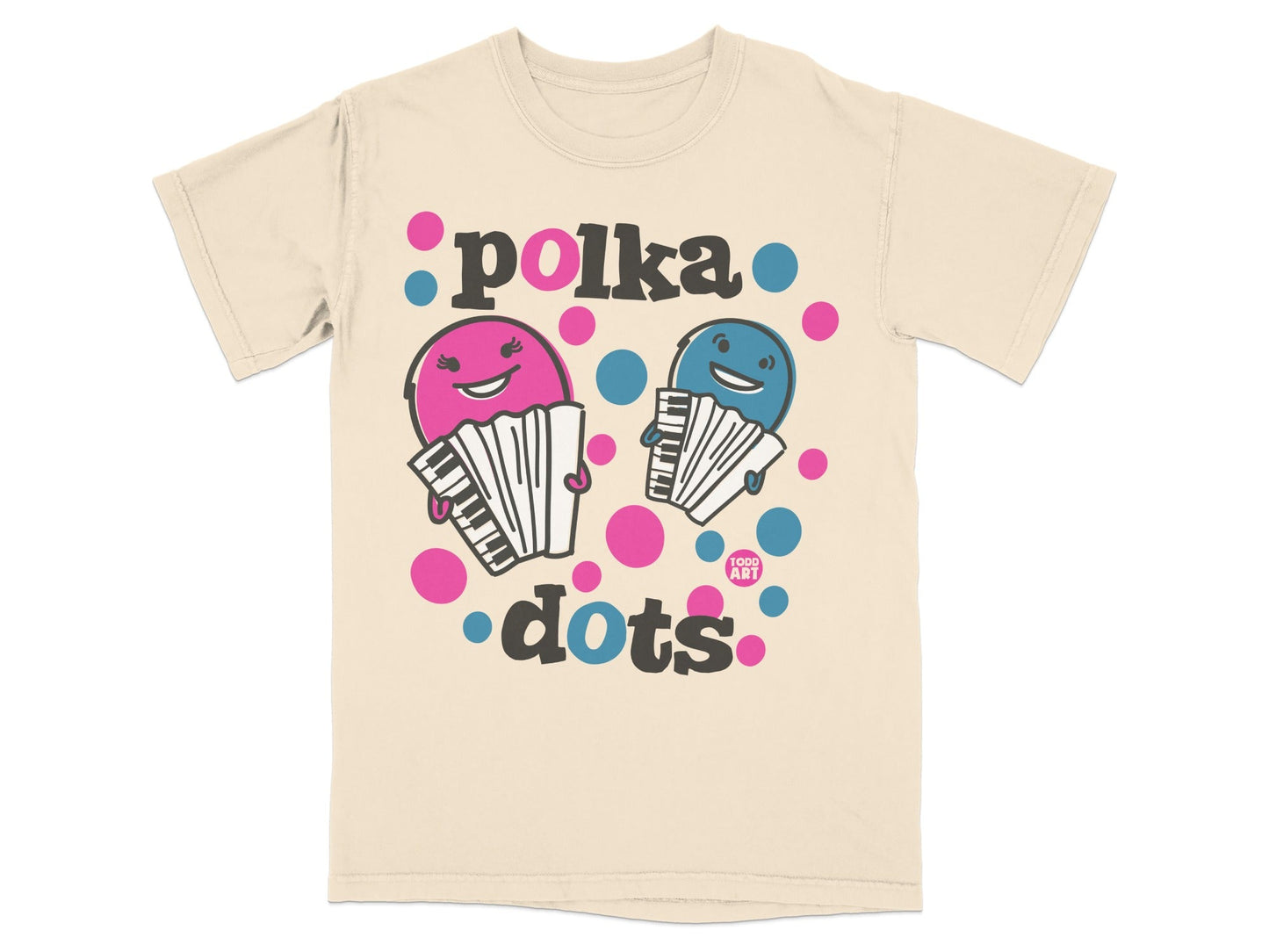 Two cartoon accordions with faces playing music, "polka dots" text.