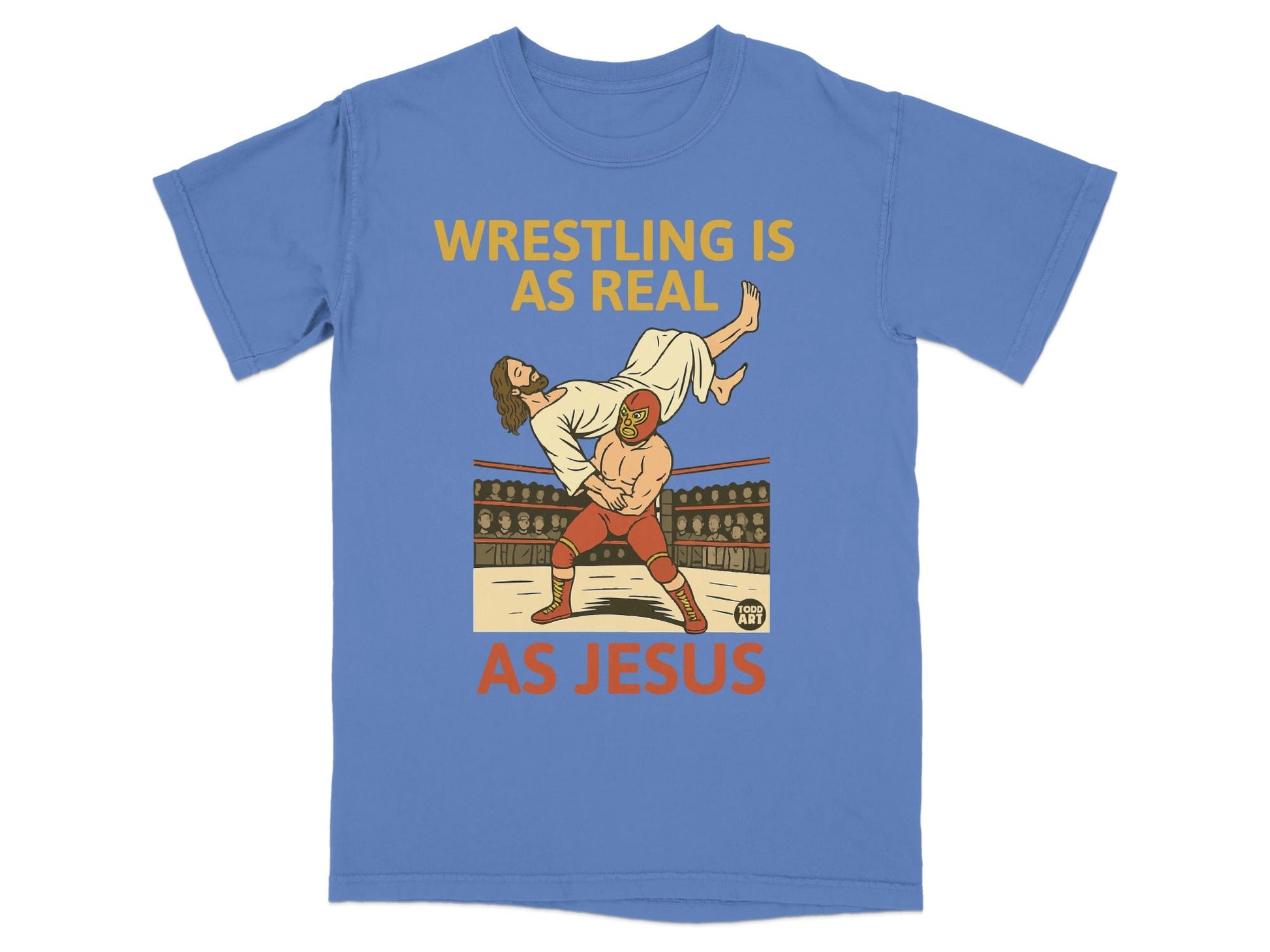 T-shirt with graphic of Jesus being body-slammed in wrestling ring.