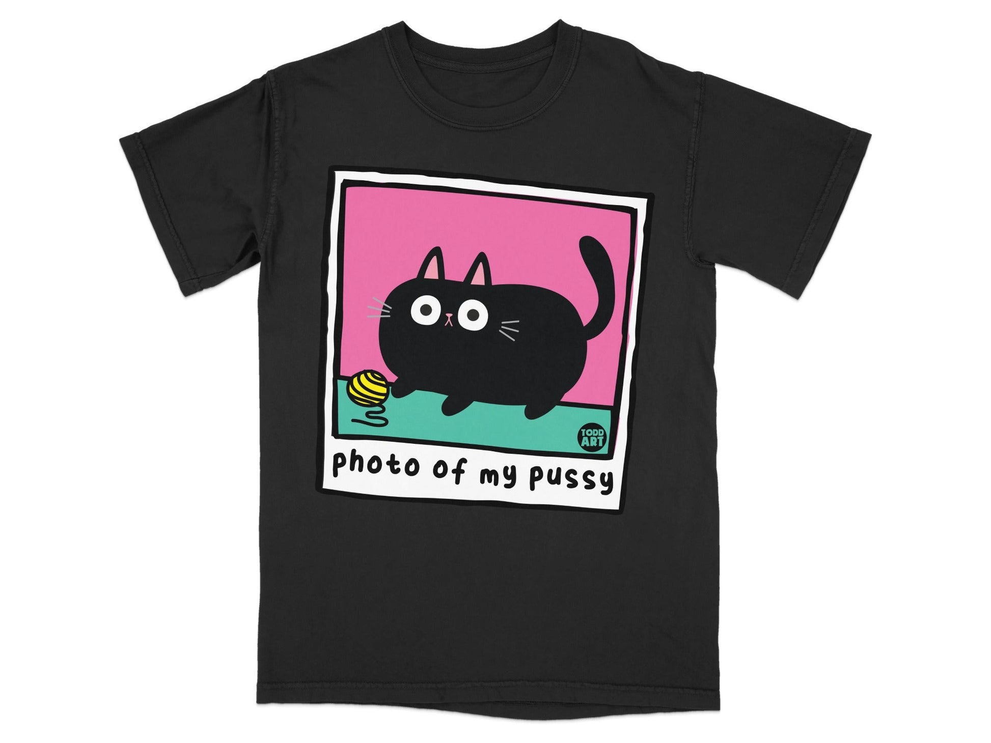 Black t-shirt featuring cartoon cat in a pink frame with text "photo of my pussy".