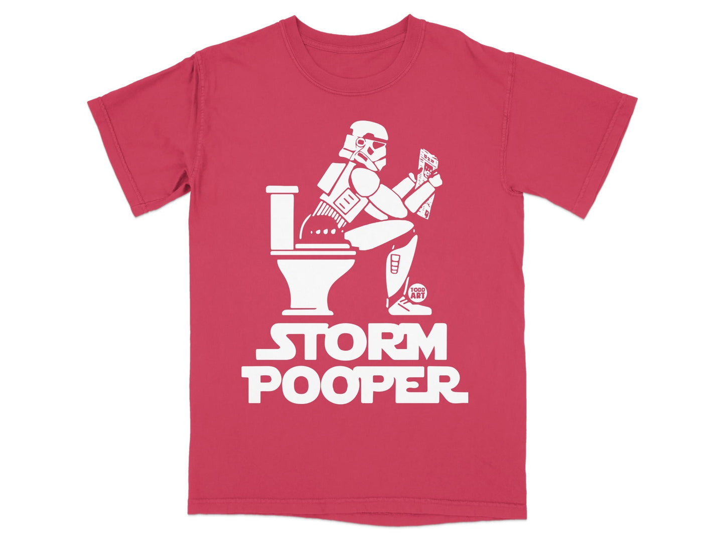 Red t-shirt with white graphic of Stormtrooper sitting on toilet, "STORM POOPER" text.
