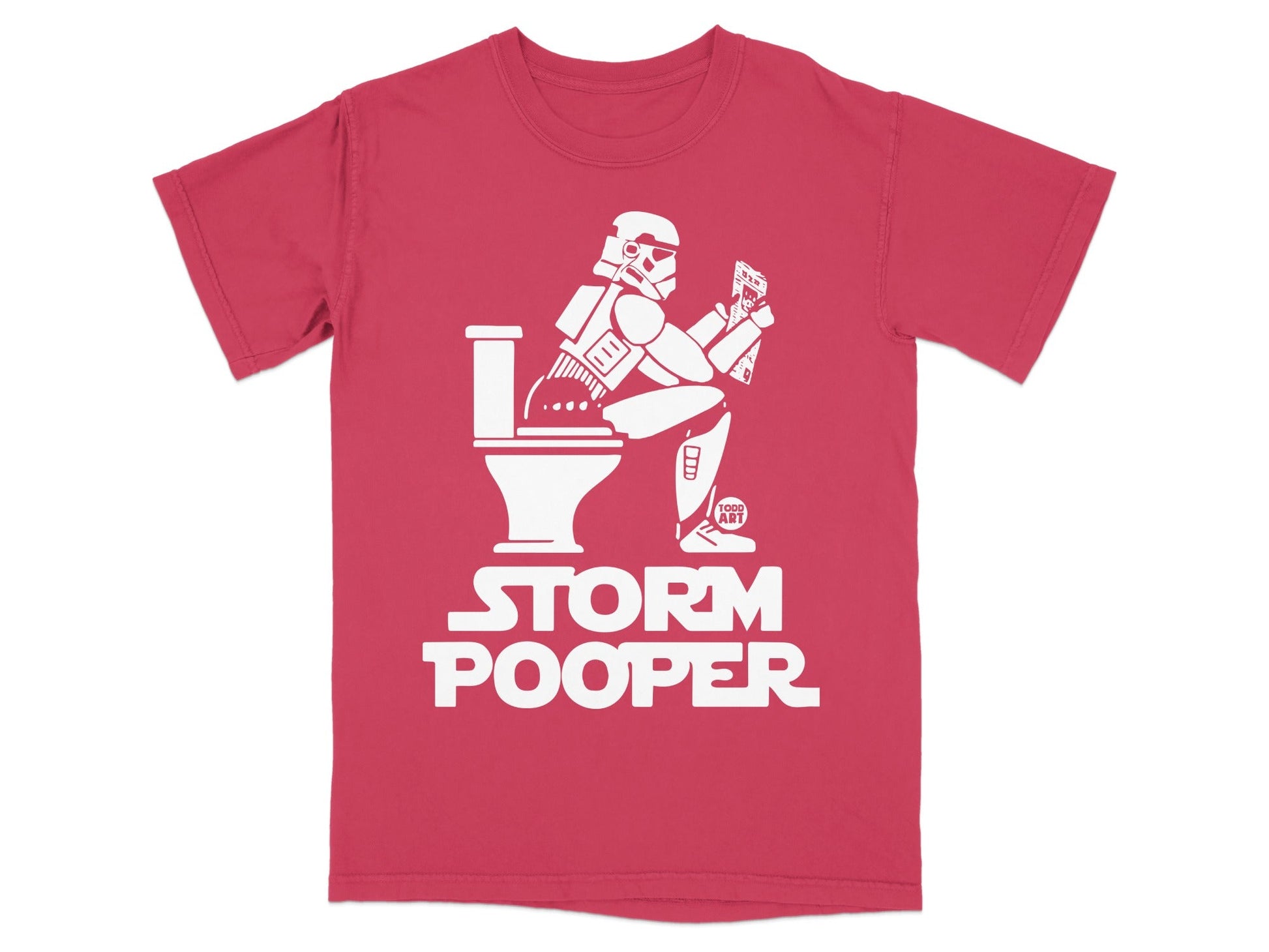 Red t-shirt with white graphic of Stormtrooper sitting on toilet, "STORM POOPER" text.