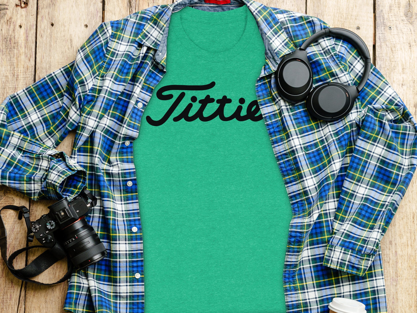 Retro Green Titties T-Shirt With Plaid Shirt Ensemble