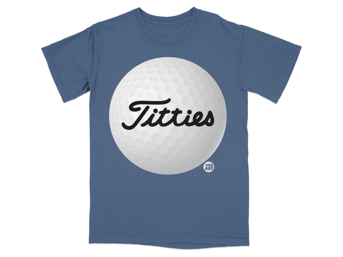 T-shirt with a golf ball graphic and "Titties" text.