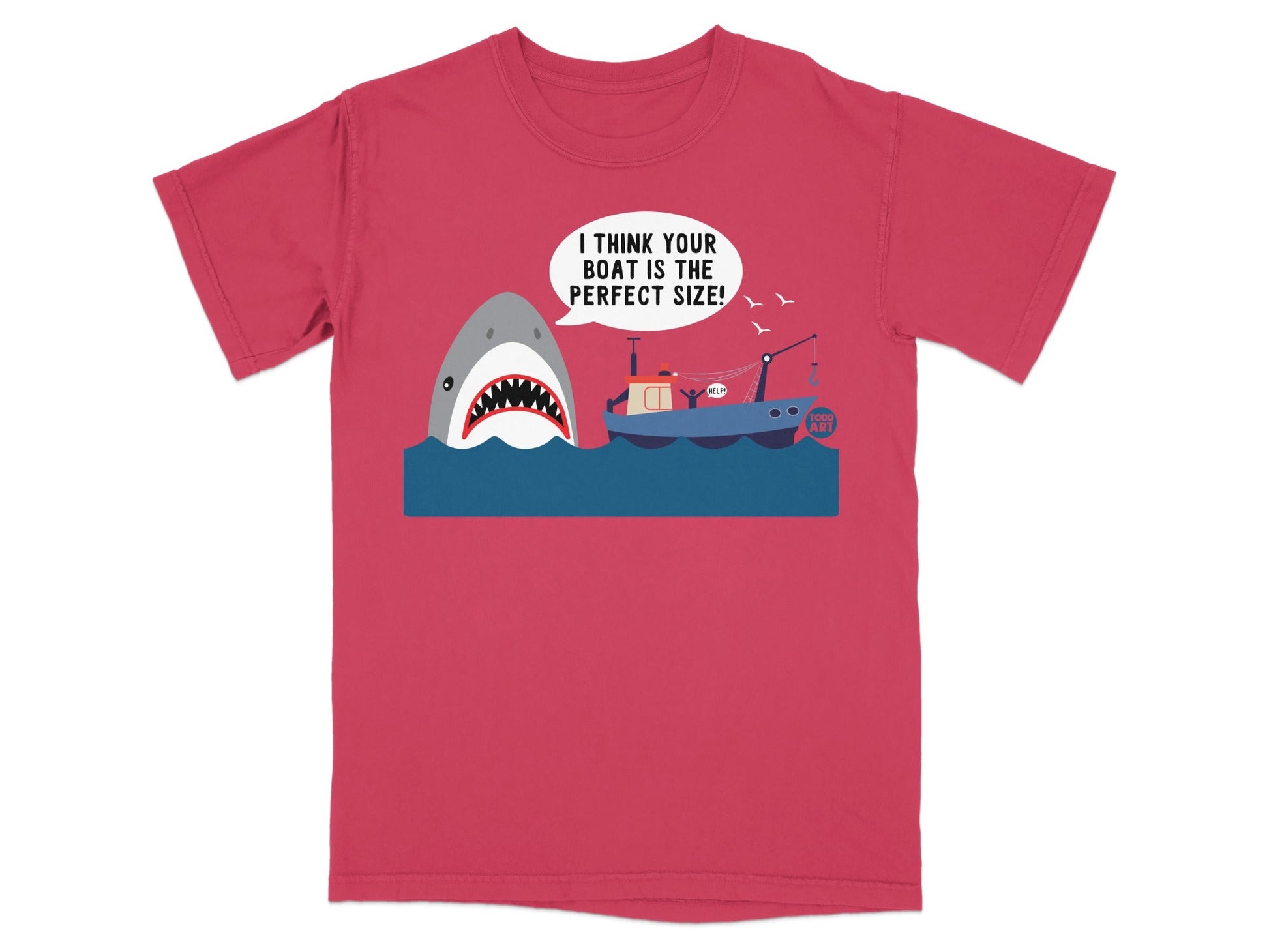 Shark with open mouth next to boat, text reads "I THINK YOUR BOAT IS THE PERFECT SIZE!".