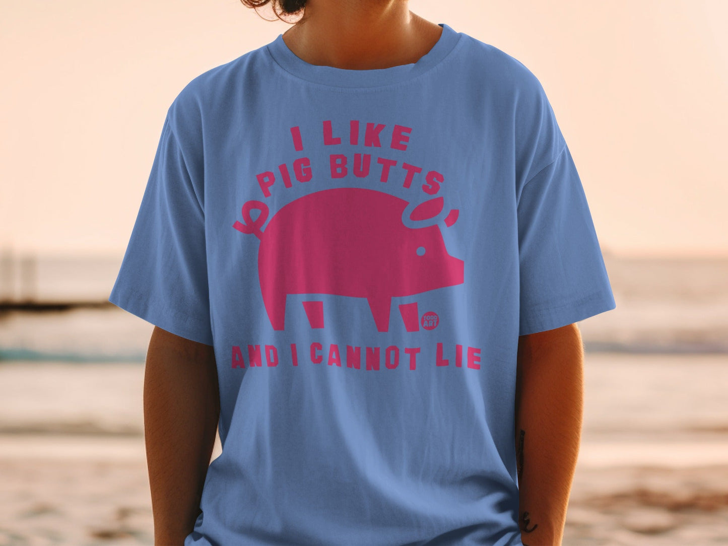 Blue t-shirt with pink pig graphic and text "I like pig butts and I cannot lie".