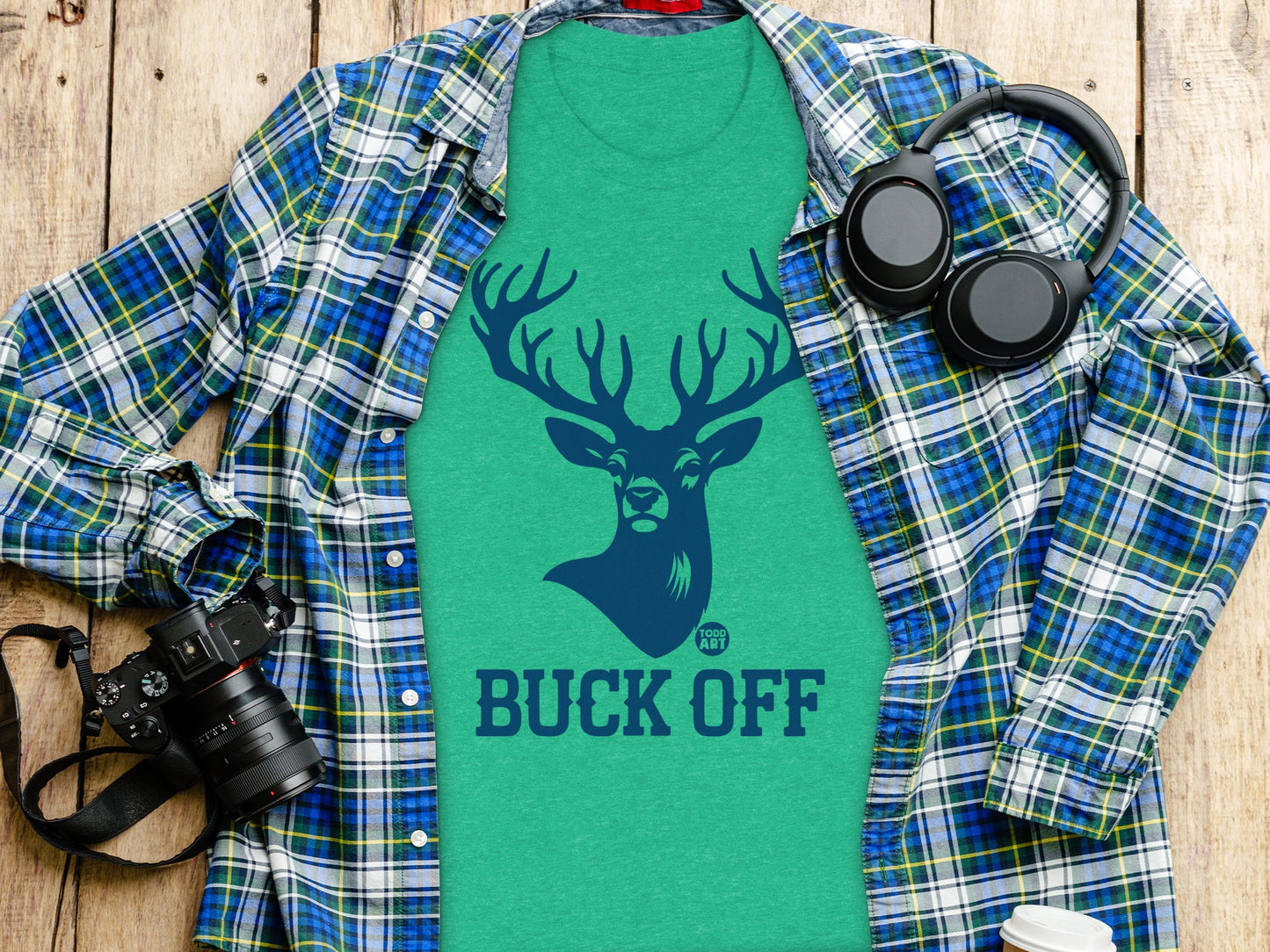 'Buck Off Green Shirt with Deer Graphic Design'
