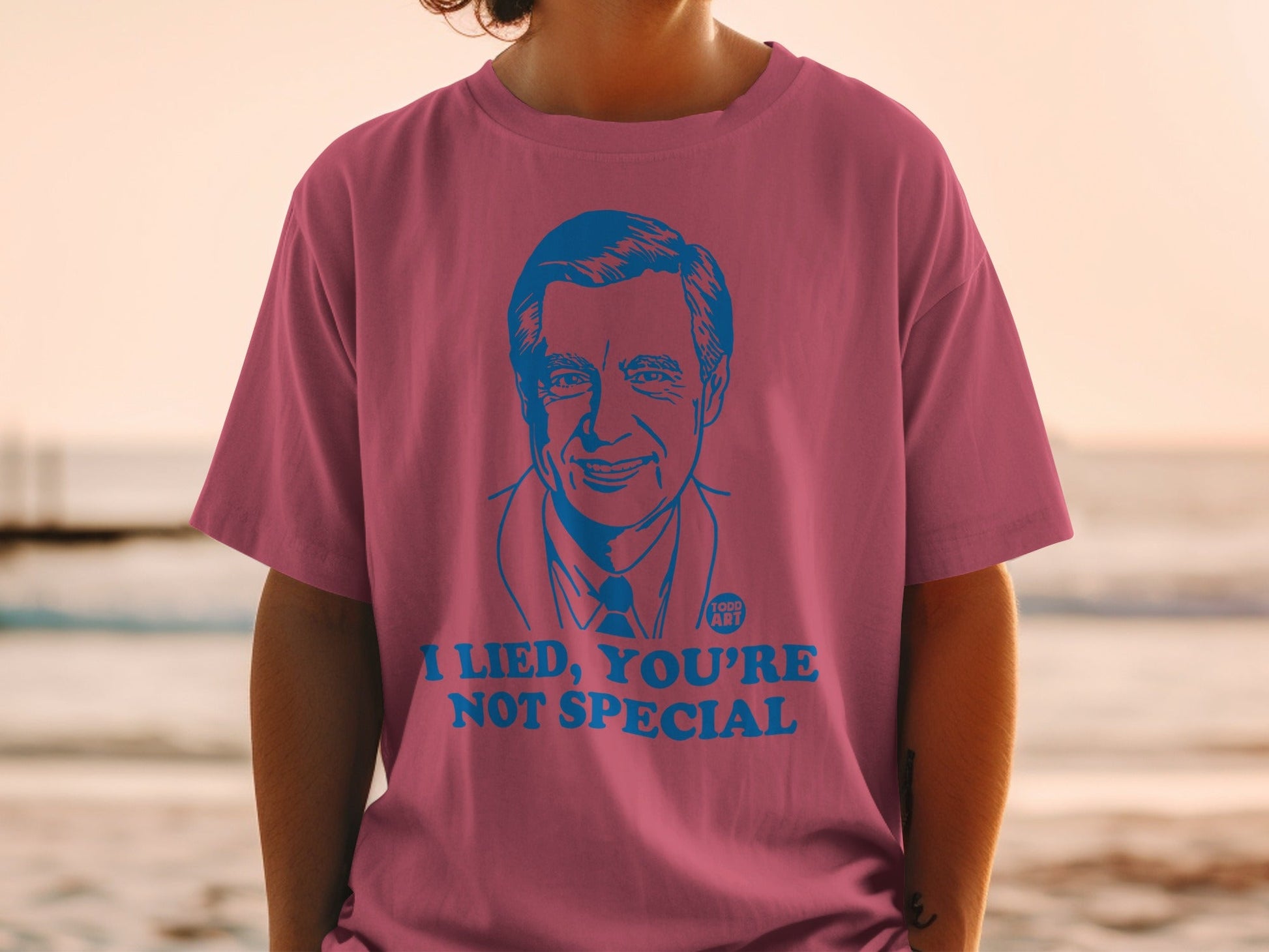 Pink t-shirt with Fred Rogers illustration and "I Lied, You're Not Special" text.