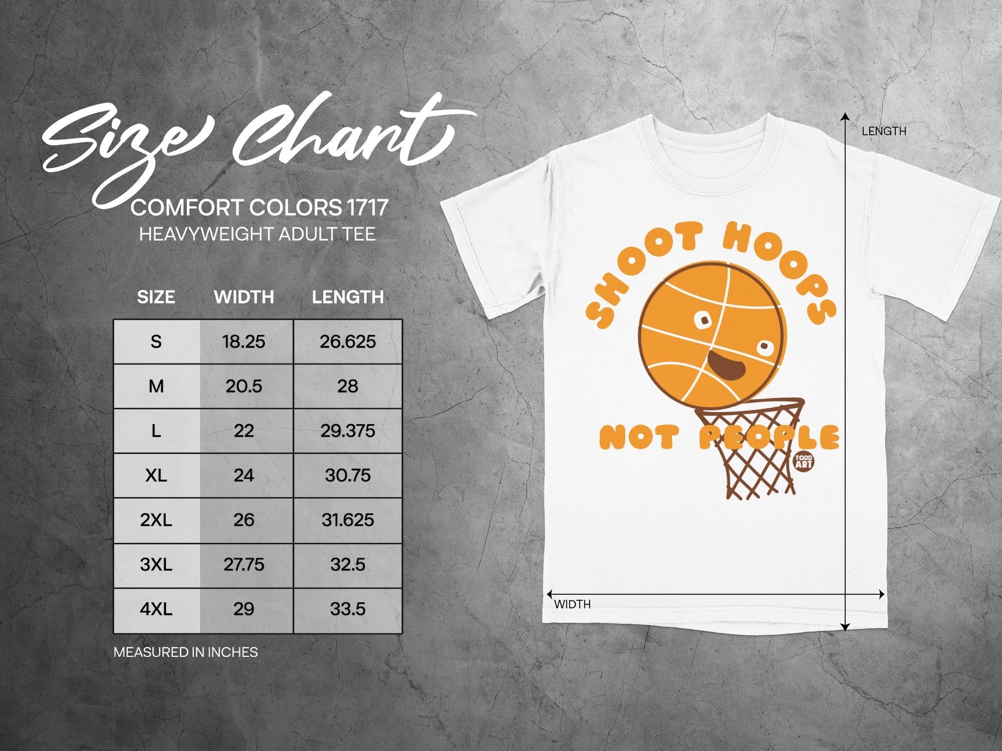 Comfort Colors 1717 size chart for heavyweight adult tee with basketball graphic.
