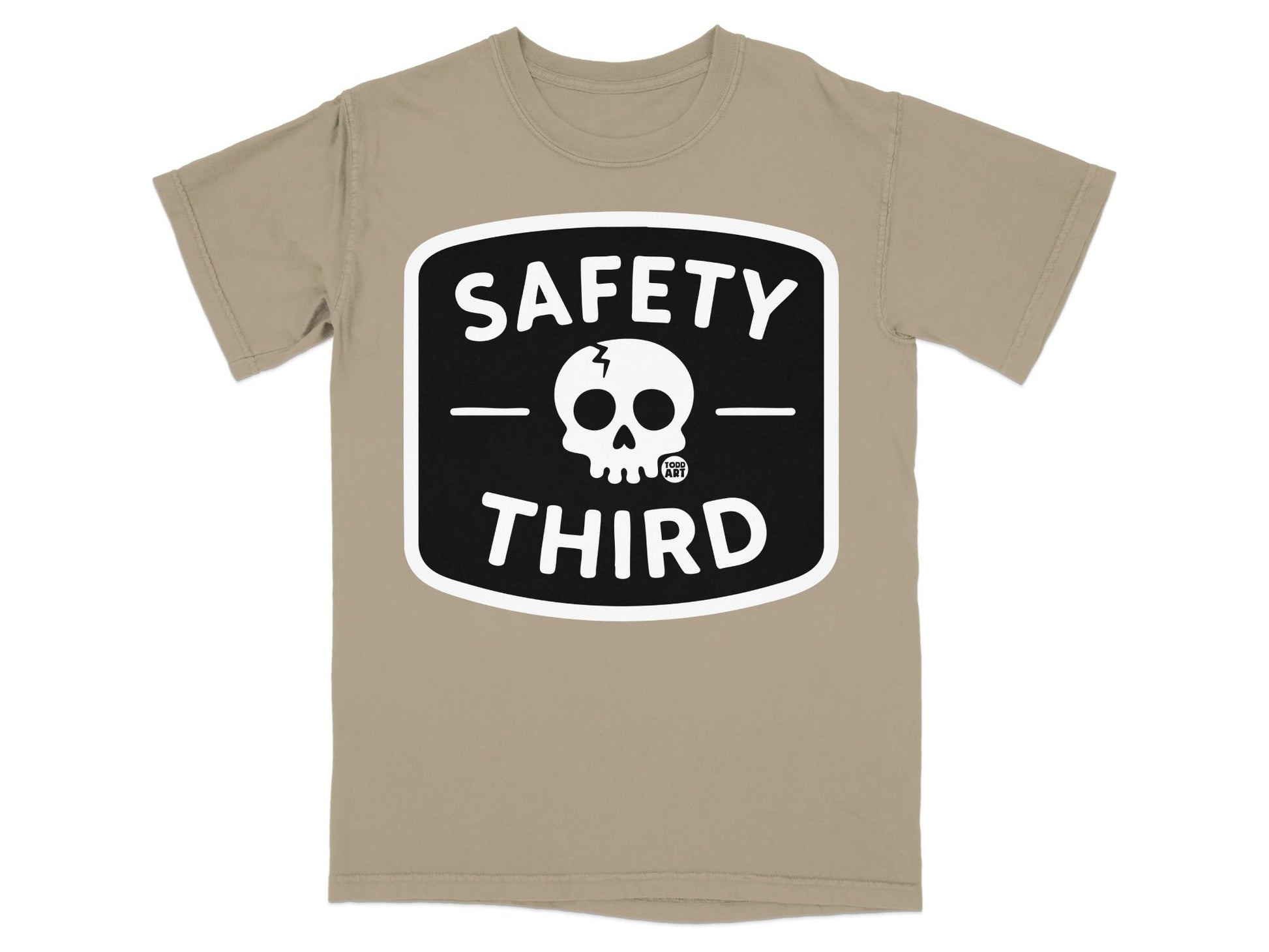 T-shirt with "SAFETY THIRD" and skull logo on a beige background.