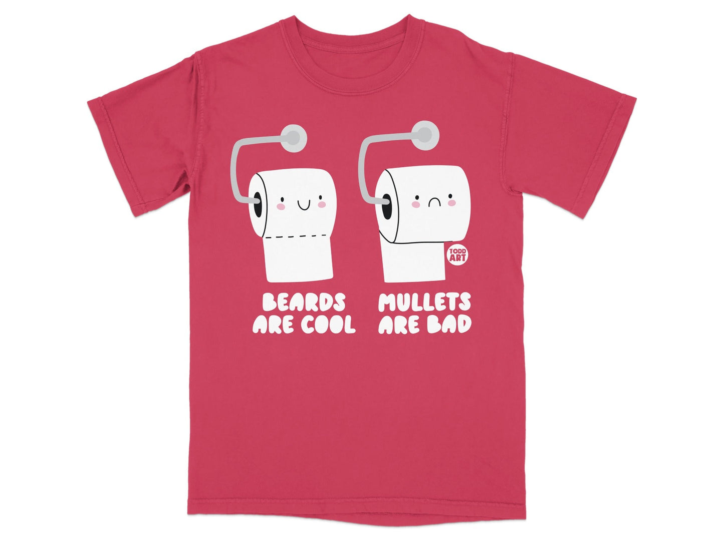 Two toilet paper rolls with faces, one happy, one sad, on a red t-shirt.