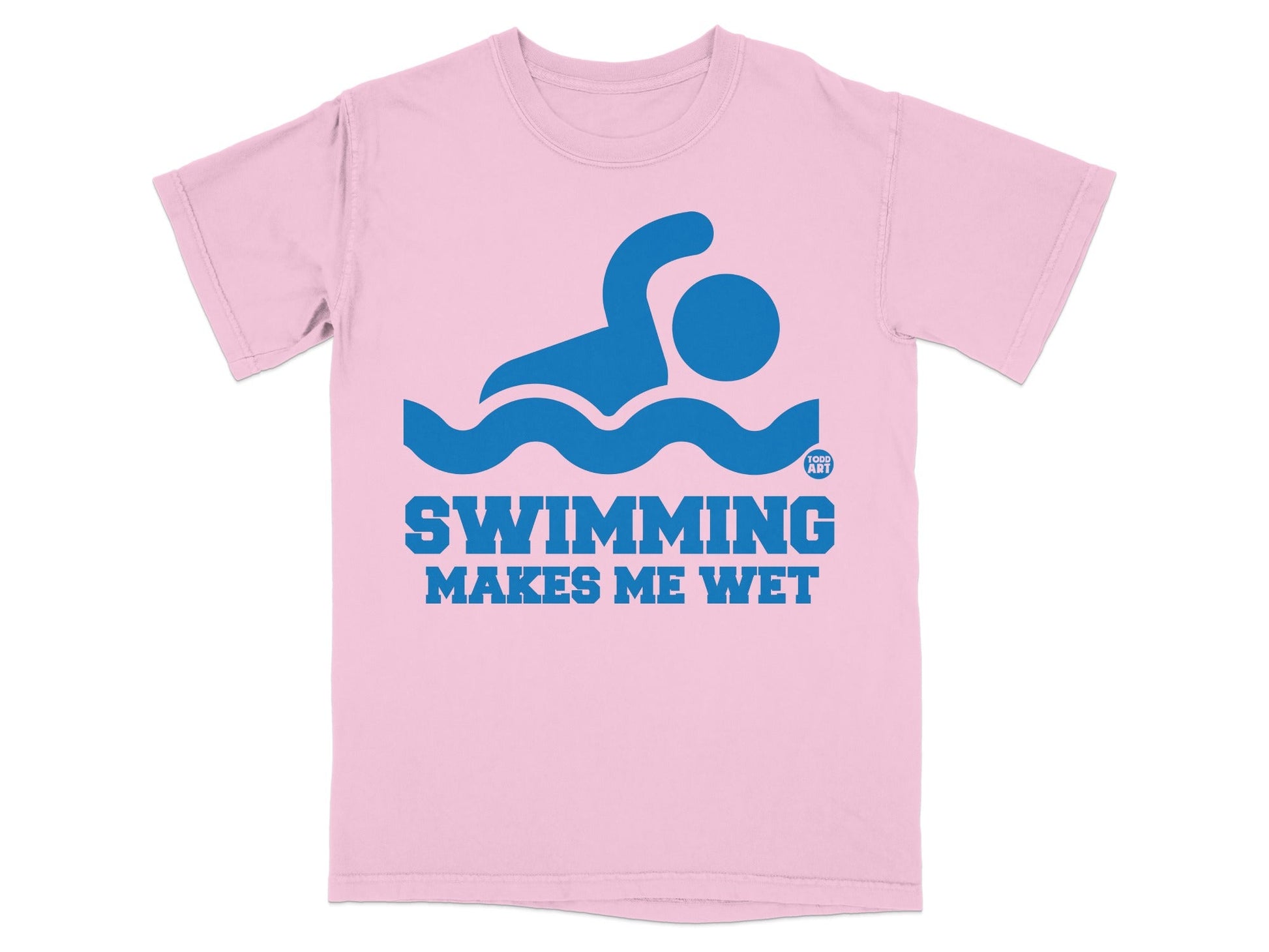 Pink t-shirt with blue swimming graphic and text that says "SWIMMING MAKES ME WET".