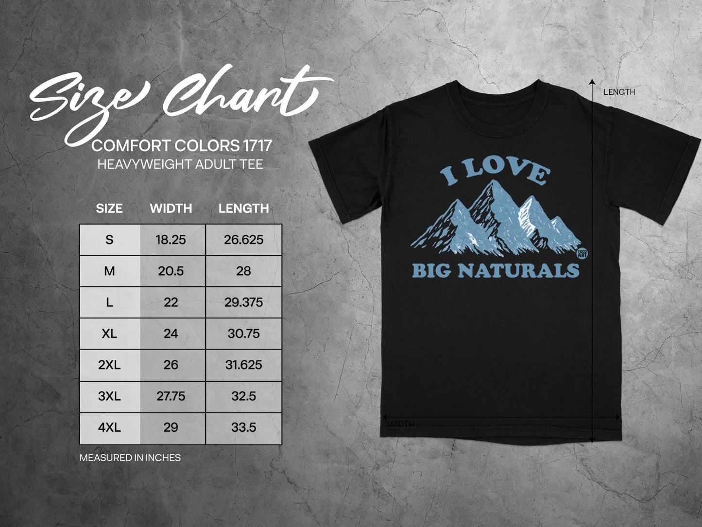 Comfort Colors 1717 size chart for heavyweight adult tees with measurements.