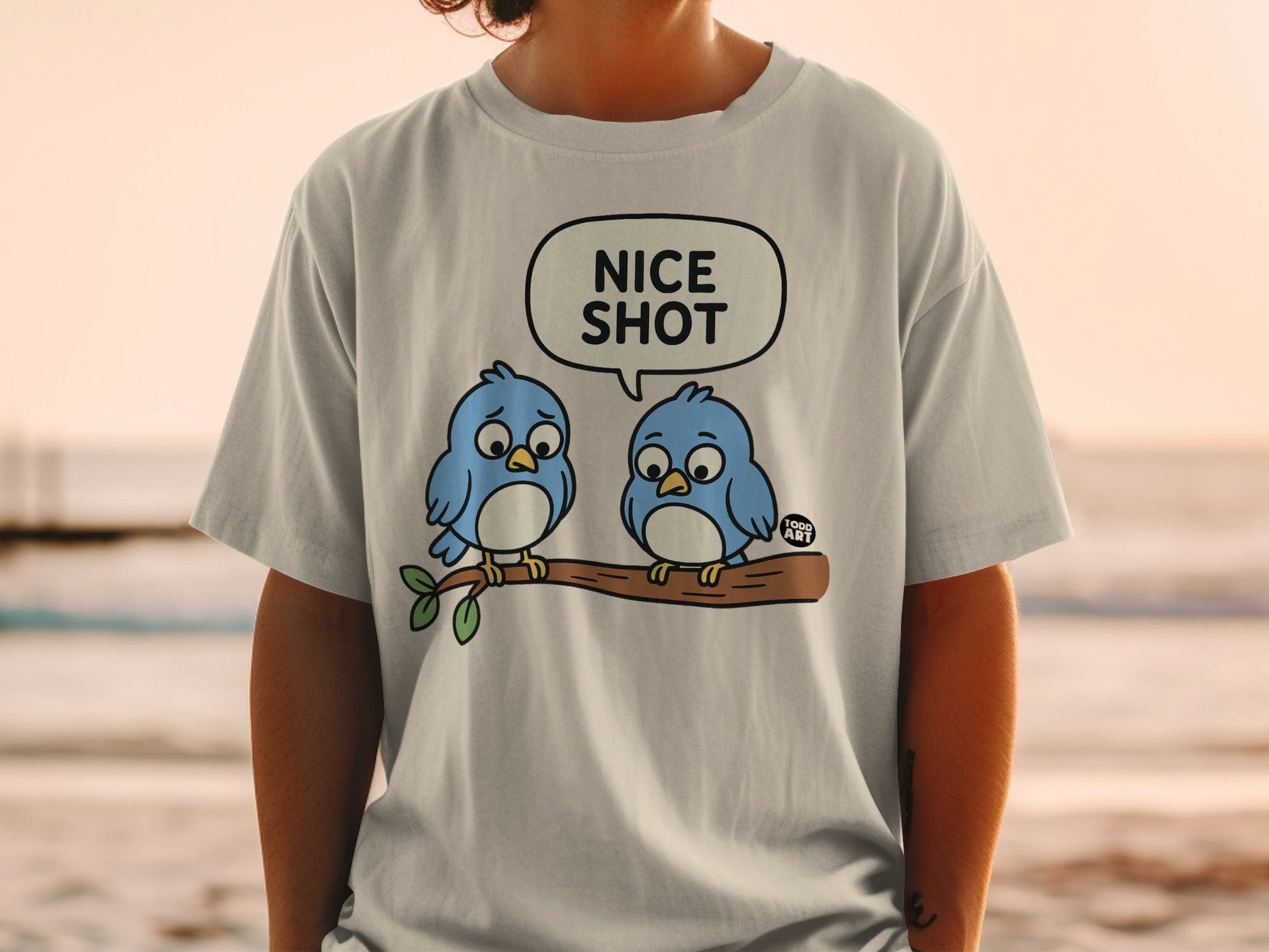 Cute Blue Birds with Nice Shot Text Graphic Shirt