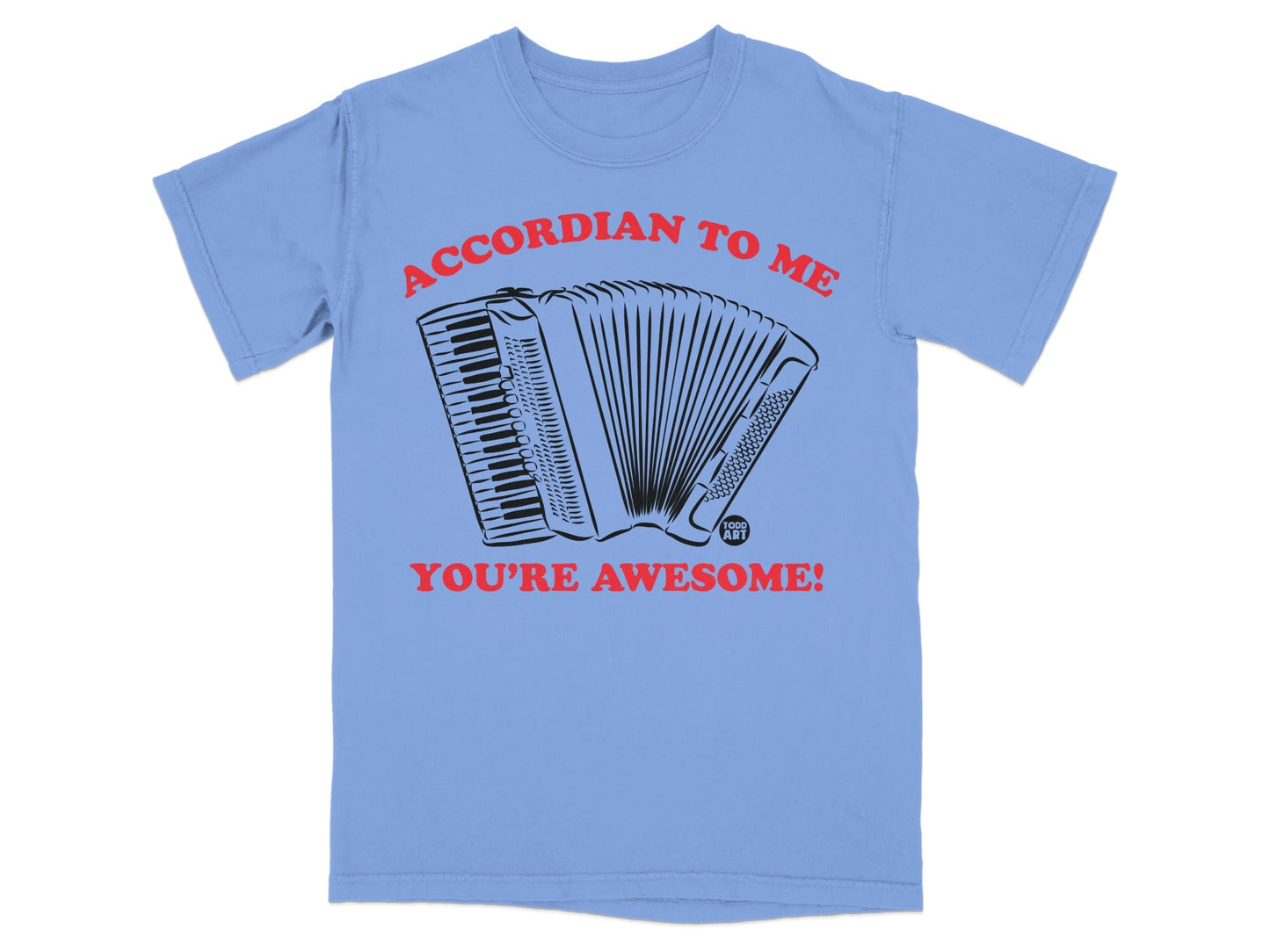 Light blue t-shirt with accordion graphic and text "ACCORDIAN TO ME YOU'RE AWESOME!".