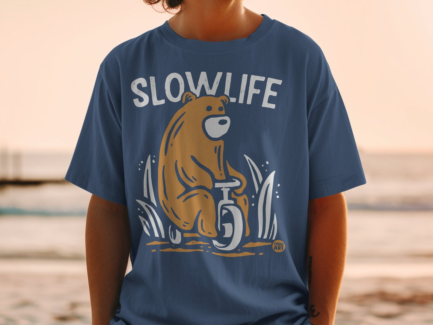 Slow Life Bear Riding Tricycle Graphic Tee Shirt