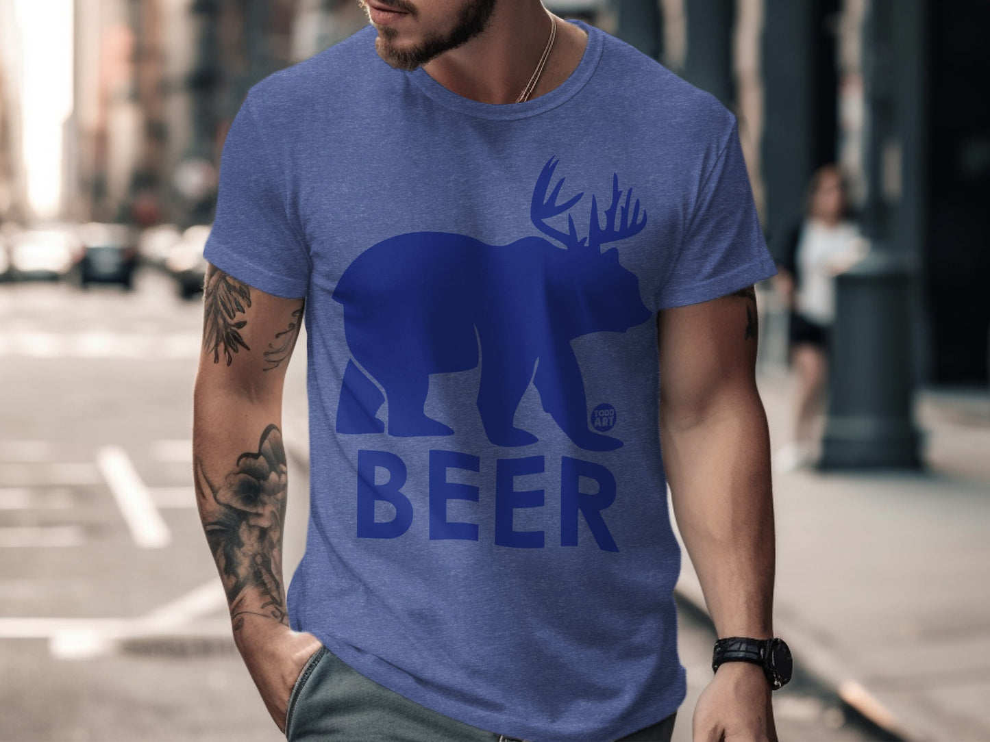 Funny Bear with Antlers Graphic BEER T-Shirt for Men