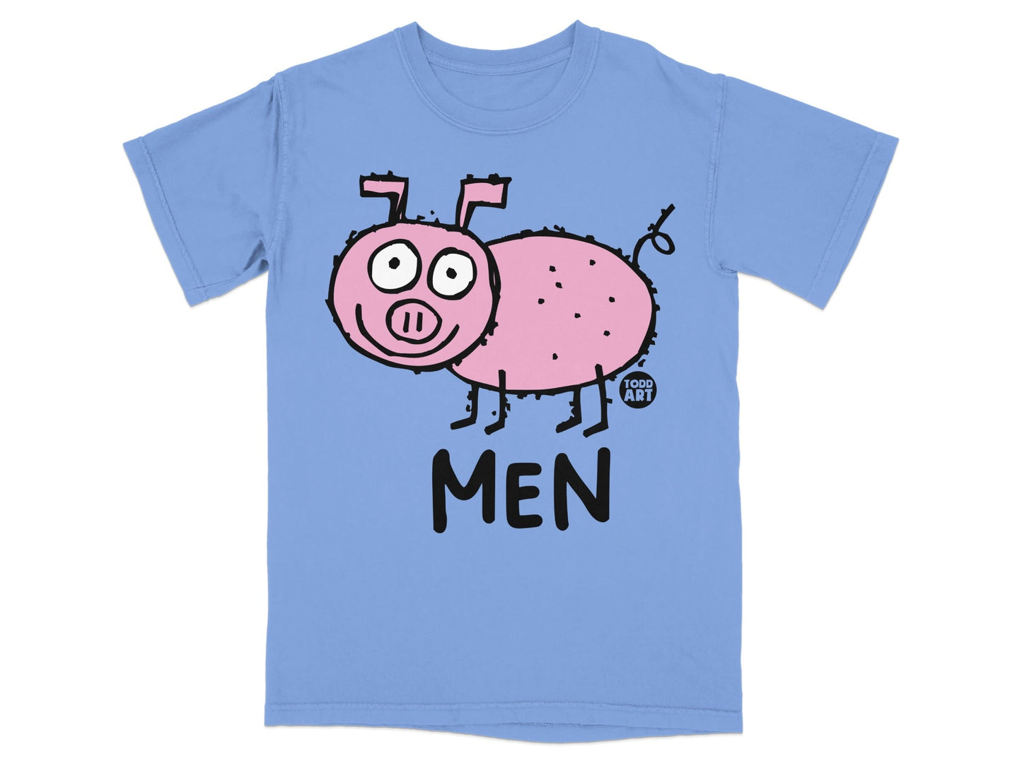 Blue t-shirt with a cartoon pink pig and "MEN" printed in black.