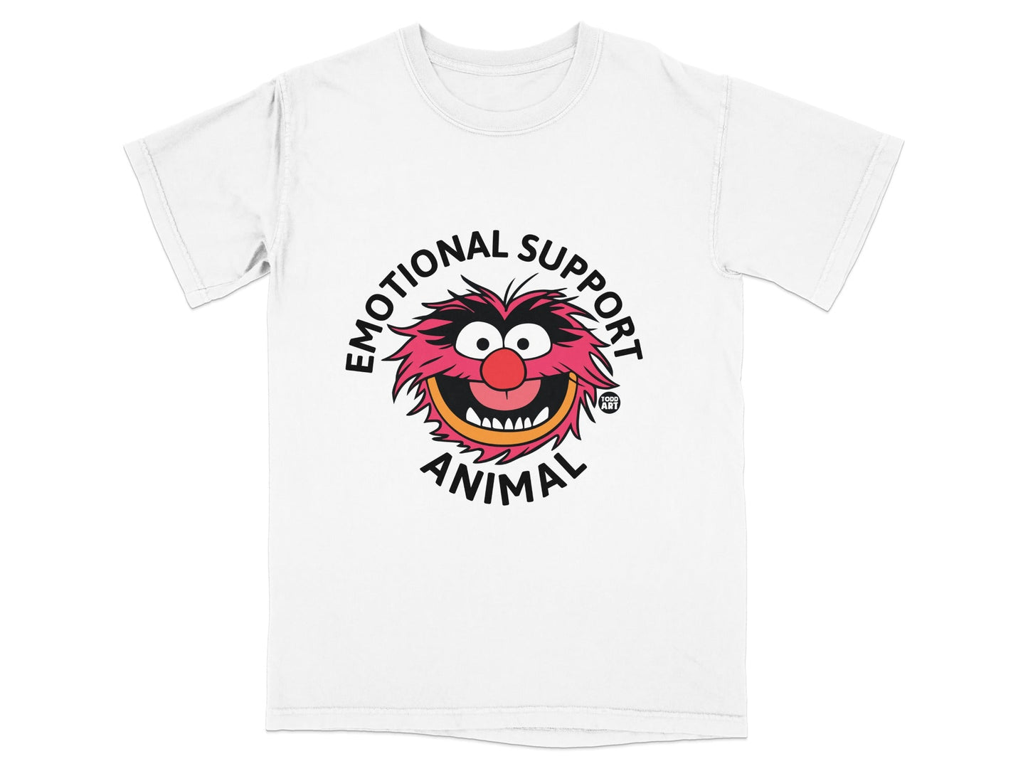 White t-shirt with cartoon Animal from The Muppets saying "Emotional Support Animal."