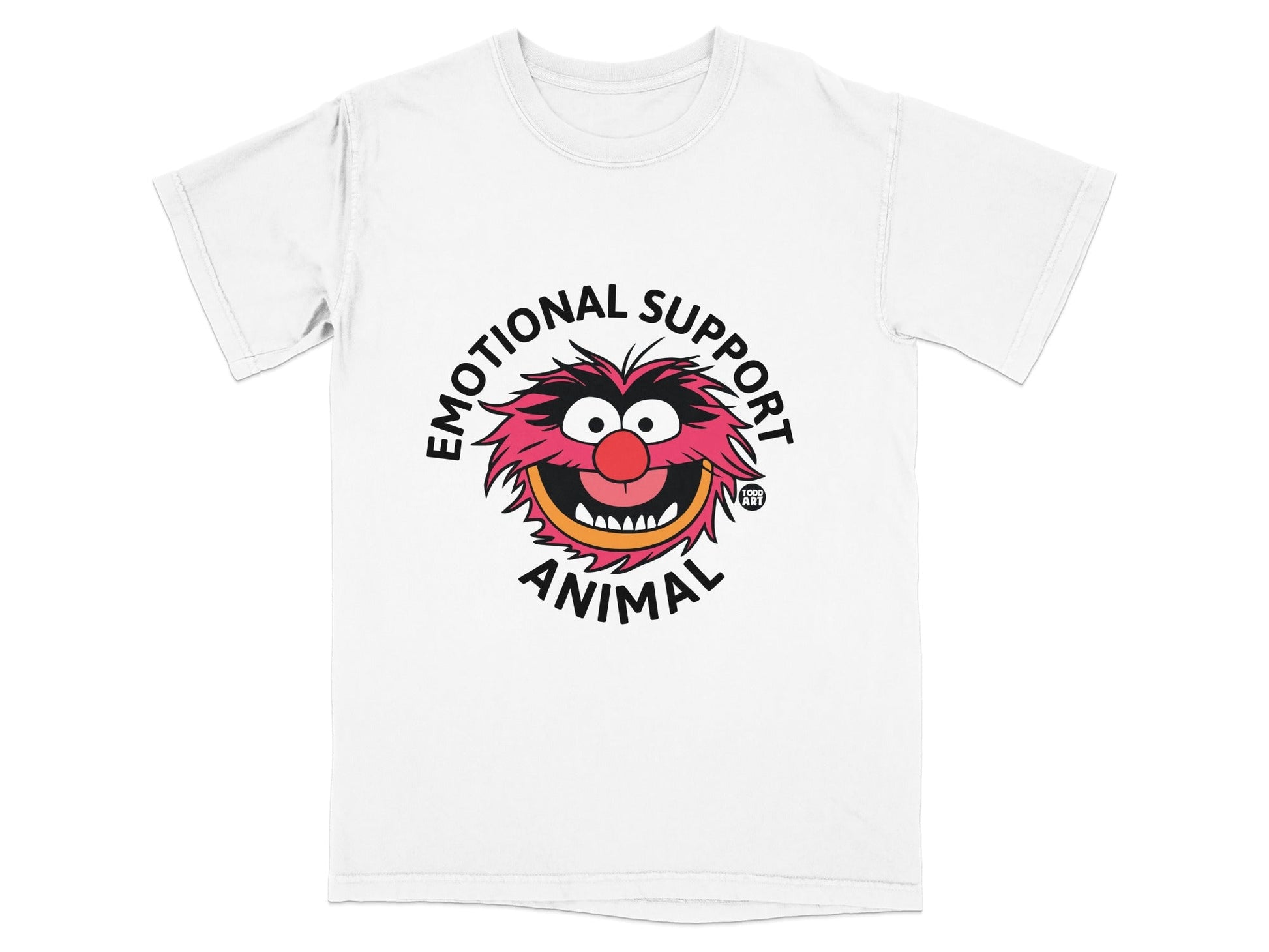 White t-shirt with cartoon Animal from The Muppets saying "Emotional Support Animal."